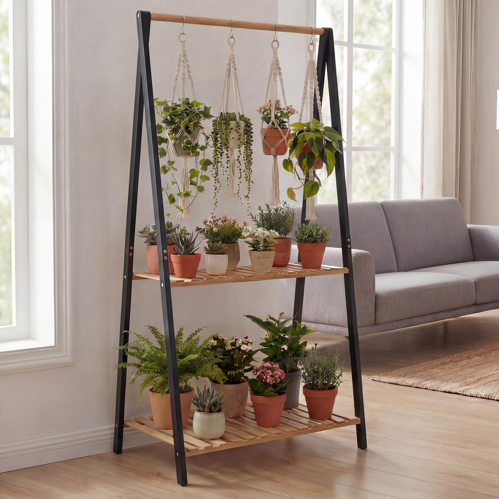 Bambus Pflanzenregal -Q32, Blumentreppe Pflanzentreppe Badregal, Stange 2 Ablagen 130x70x44cm ~ natur-schwarz