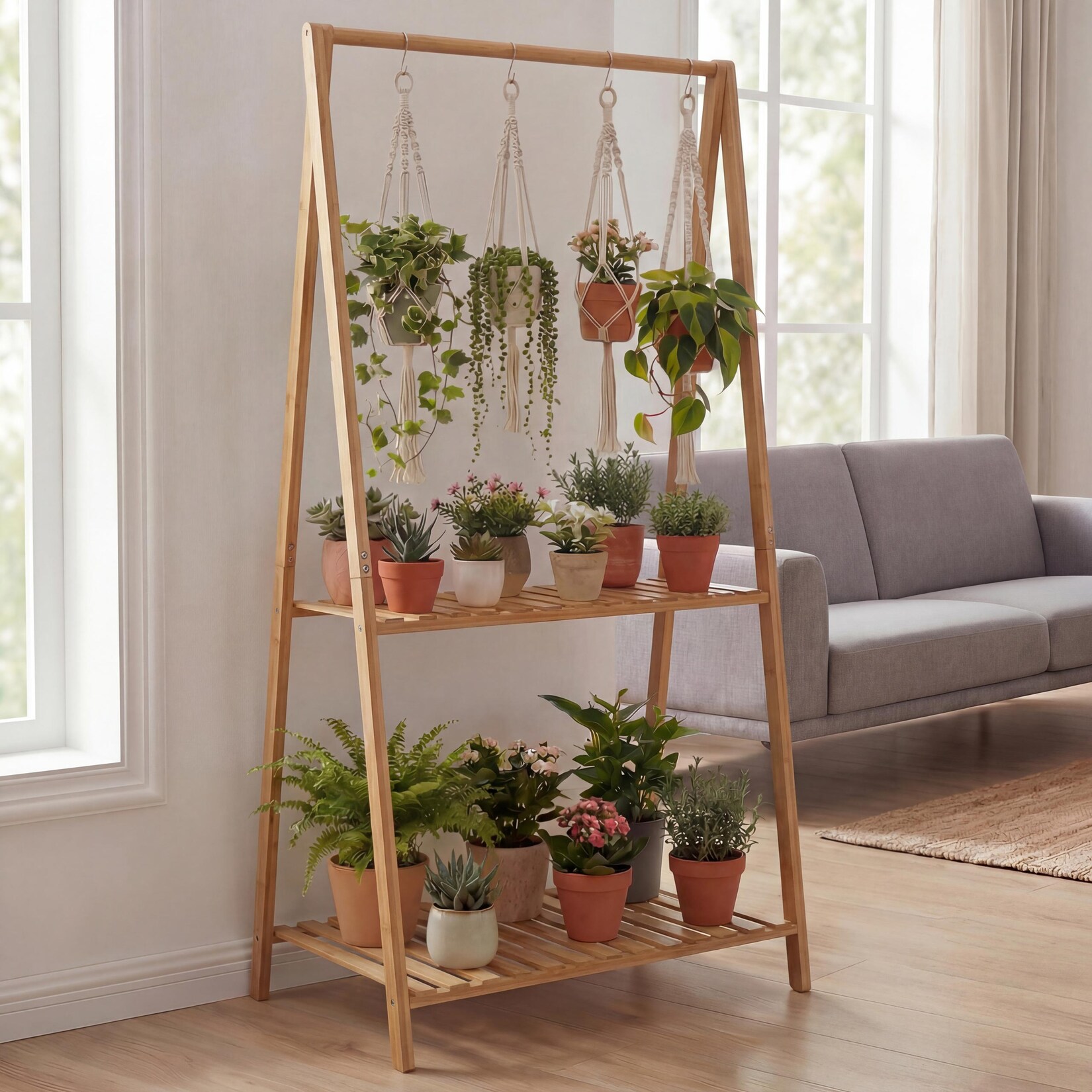 Bambus Pflanzenregal -Q32, Blumentreppe Pflanzentreppe Badregal, Stange 2 Ablagen 130x70x44cm ~ natur