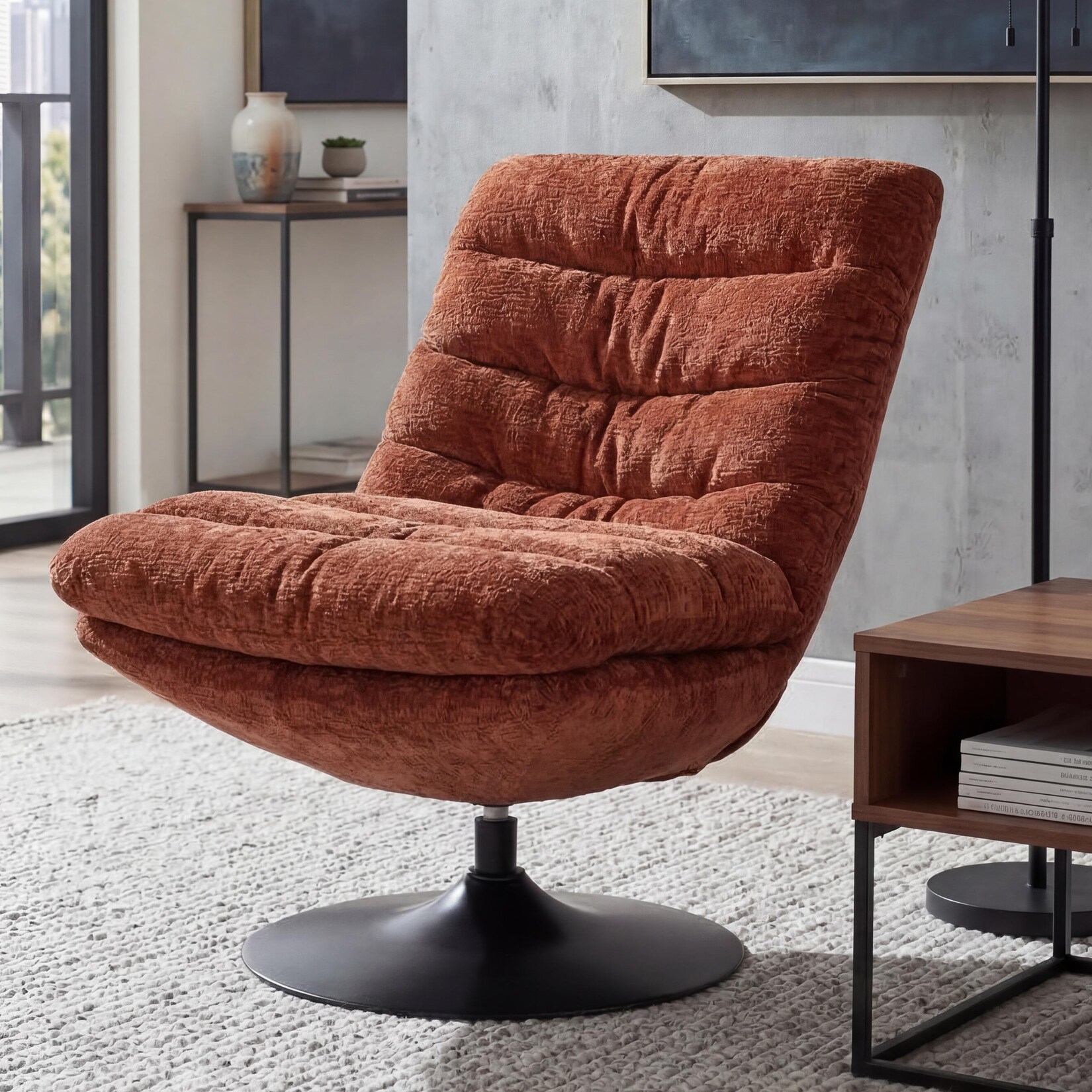 Loungesessel MCW-Q29, Cocktail-/Polster-/Relaxsessel Sessel drehbar Stoff Chenille (470g/m²) Öko-Tex Stahl ~ terrakotta