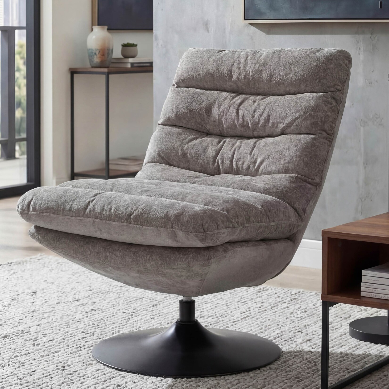 Loungesessel MCW-Q29, Cocktail-/Polster-/Relaxsessel Sessel drehbar Stoff Chenille (470g/m²) Öko-Tex Stahl ~ taupe-creme