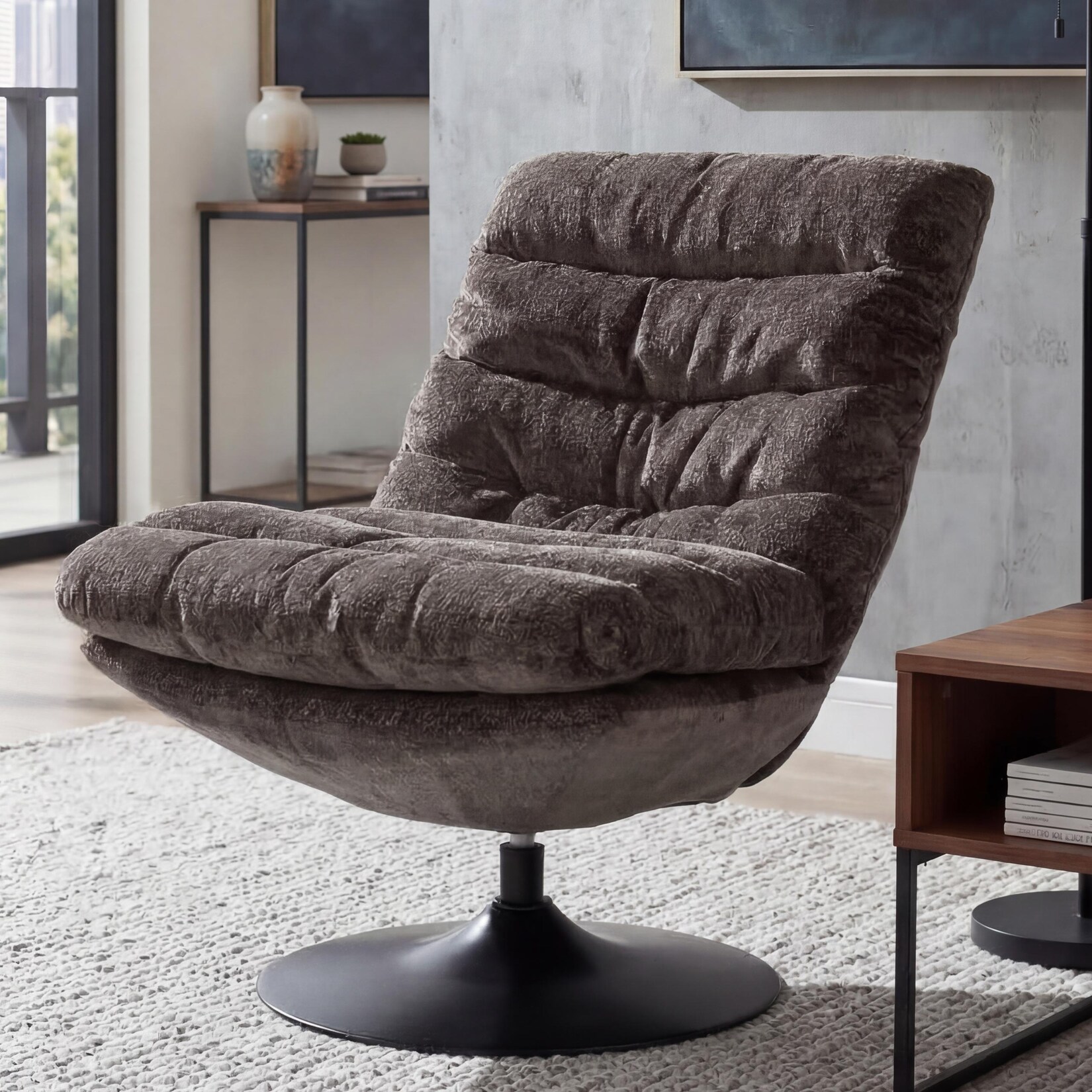 Loungesessel MCW-Q29, Cocktail-/Polster-/Relaxsessel Sessel drehbar Stoff Chenille (470g/m²) Öko-Tex Stahl ~ grau-braun