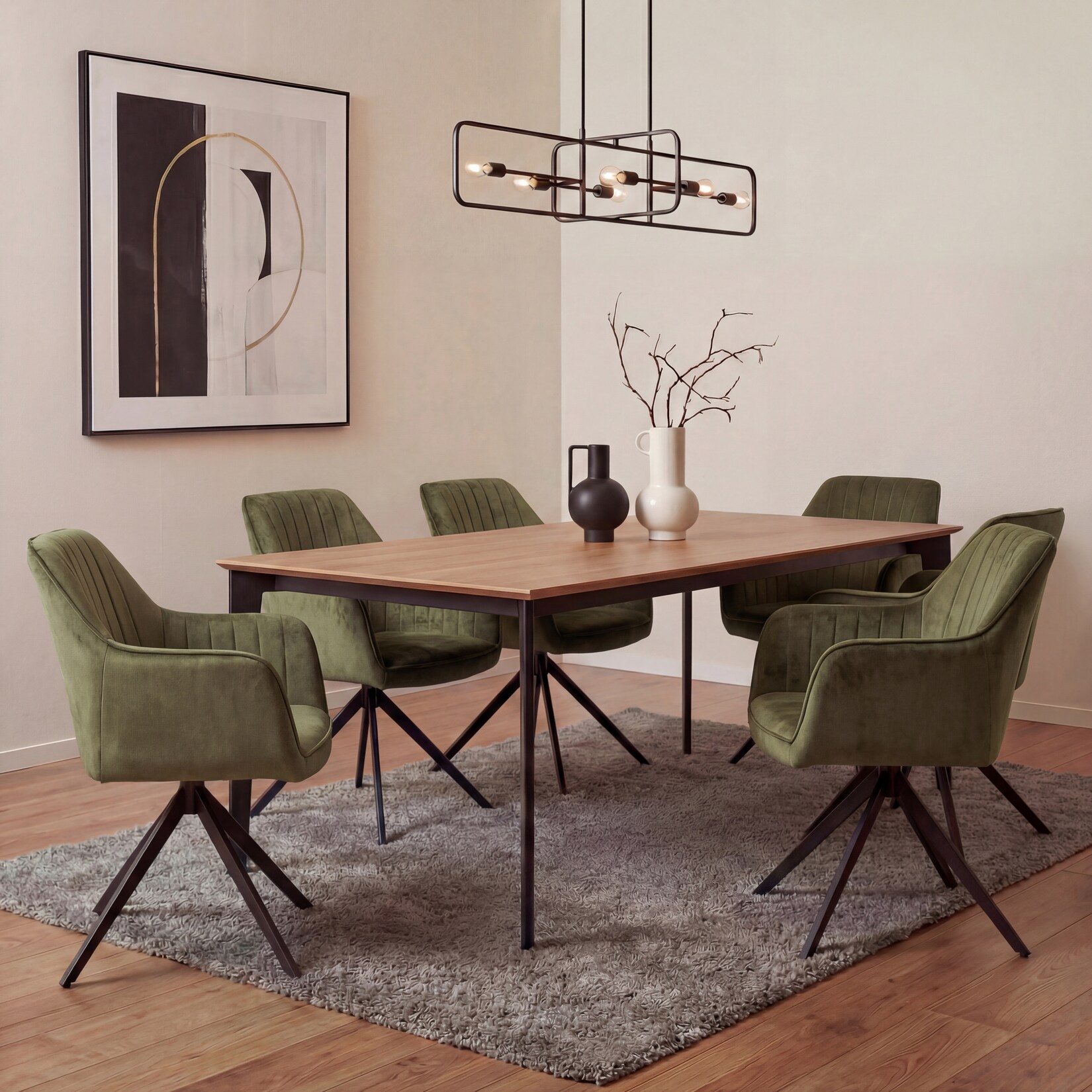 6er-Set Esszimmerstuhl MCW-L79, Küchenstuhl Armlehne drehbar Auto-Return Samt 440g/m² ~ Wildleder-Optik olivgrün