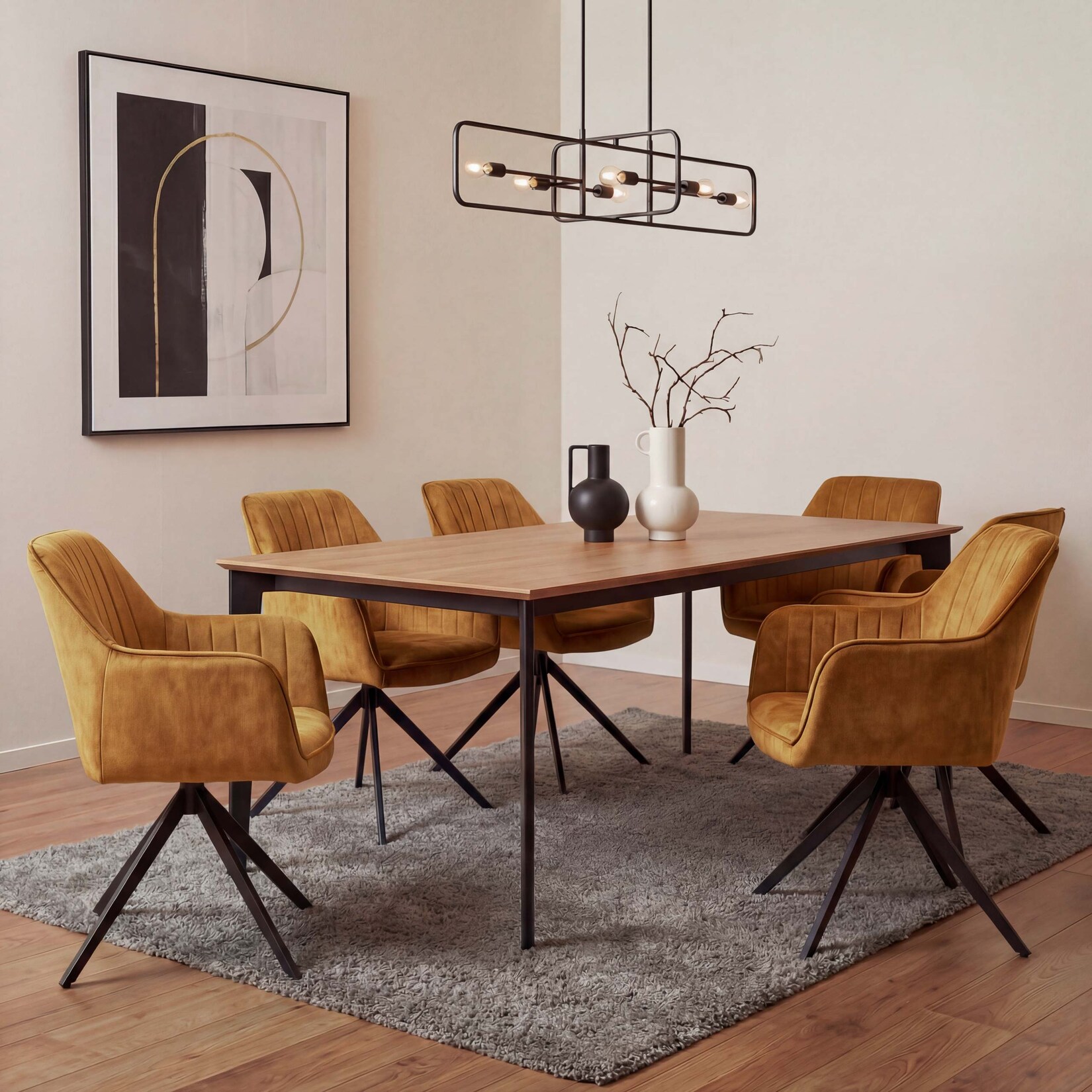 6er-Set Esszimmerstuhl MCW-L79, Küchenstuhl Armlehne drehbar Auto-Return Samt 440g/m² ~ Wildleder-Optik senfgelb