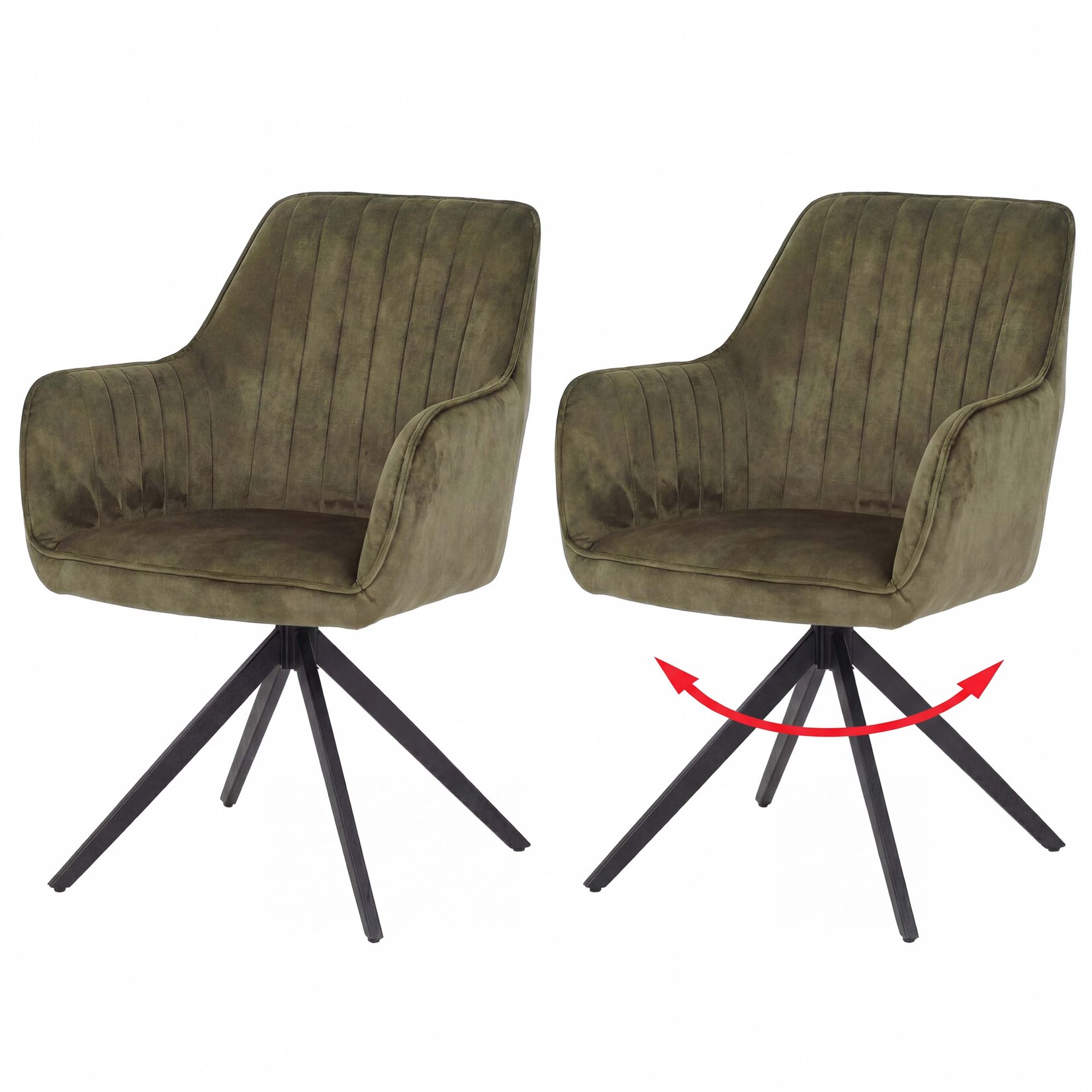 2er-Set Esszimmerstuhl MCW-L79, Küchenstuhl Armlehne drehbar Auto-Return Samt 440g/m² ~ Wildleder-Optik olivgrün