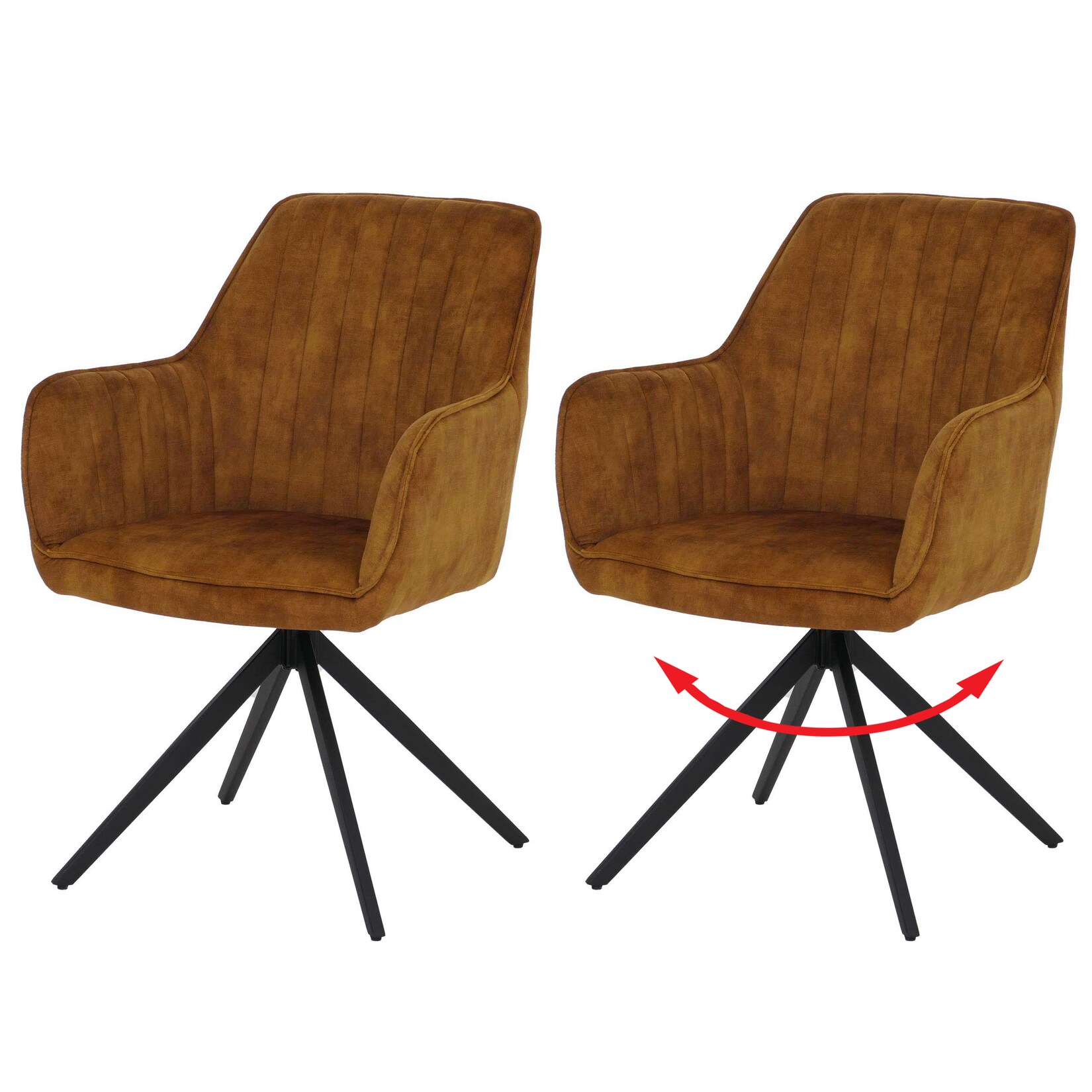 2er-Set Esszimmerstuhl MCW-L79, Küchenstuhl Armlehne drehbar Auto-Return Samt 440g/m² ~ Wildleder-Optik senfgelb