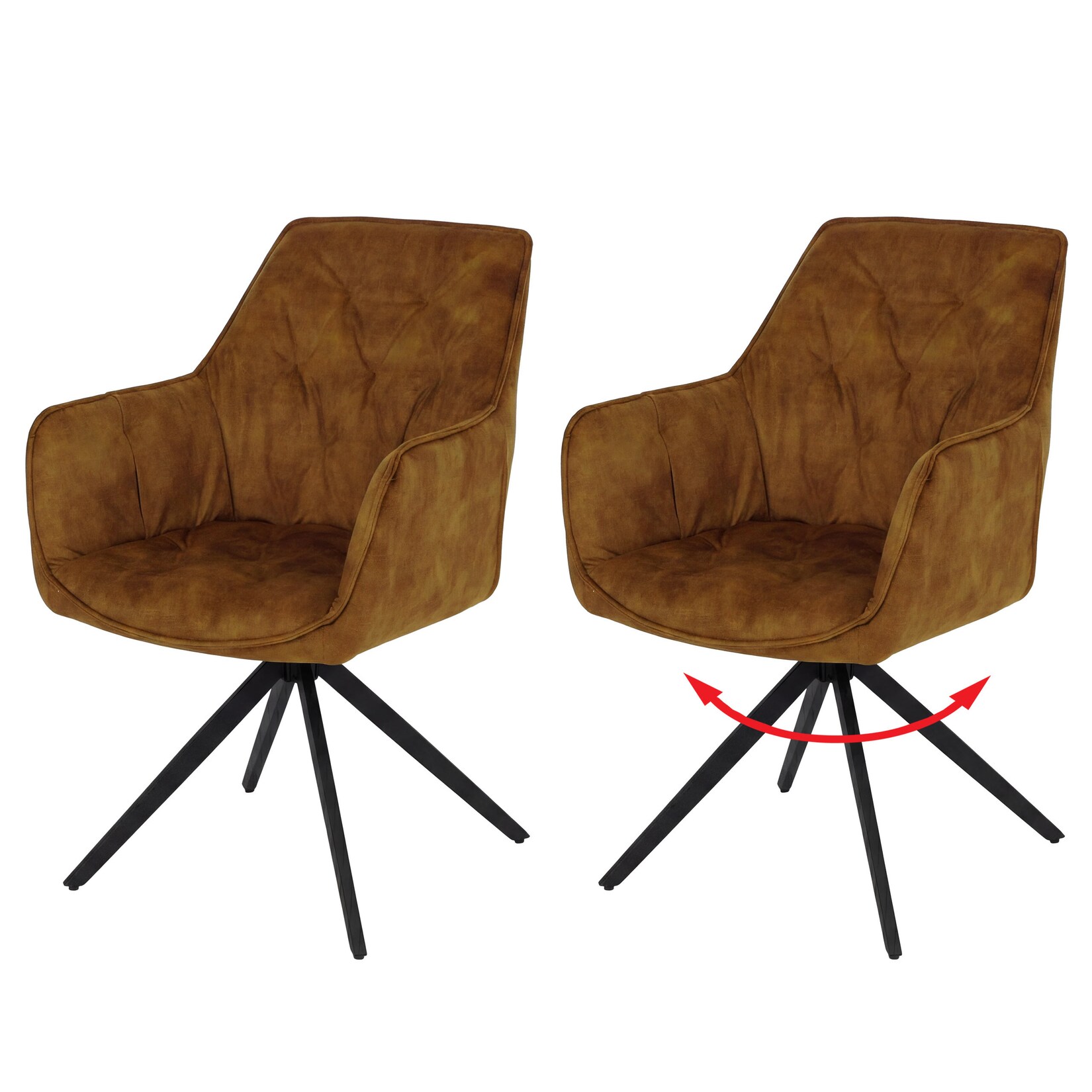2er-Set Esszimmerstuhl MCW-L80, Küchenstuhl Armlehne drehbar Auto-Return Samt 440g/m² ~ Wildleder-Optik senfgelb