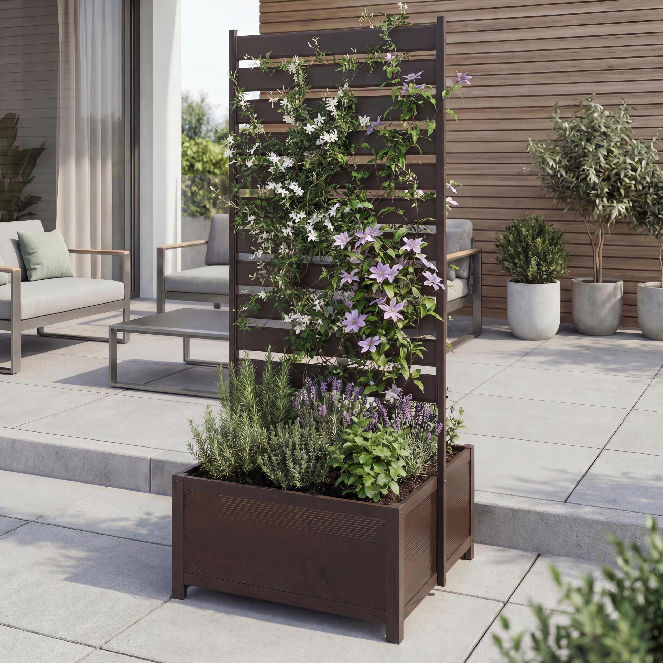 Aluminium Beet mit Rankgitter MCW-P97, Blumenkasten Pflanzk&uuml;bel Spalier, 110x60x75cm ~ dunkelbraun 