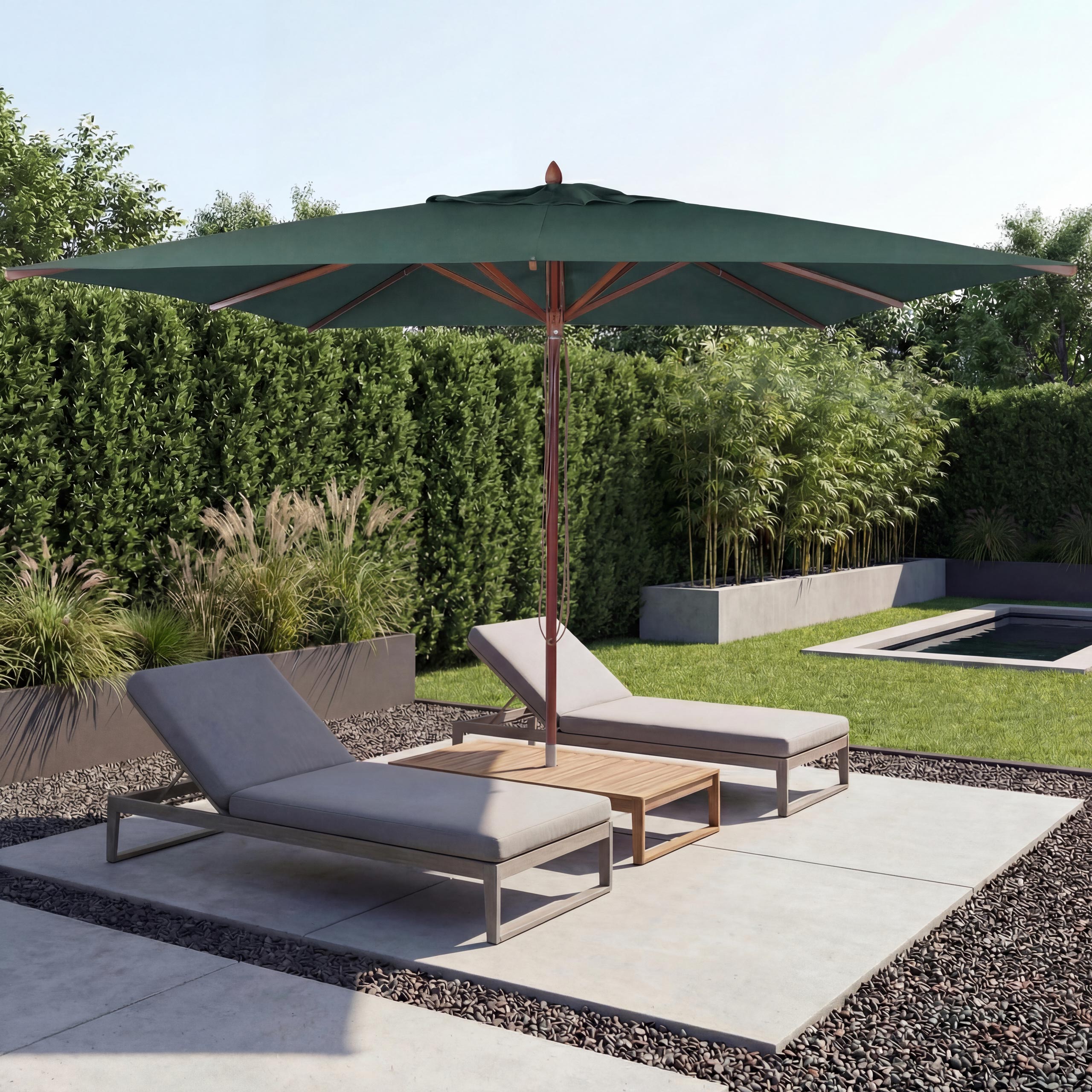 Gastronomie Holz-Sonnenschirm MCW-C57b, Gartenschirm, Polyester/Holz 29kg, eckig 4x4m Seilzug sto&szlig;sicher ~ dunkelgr&uuml;n - Bild 1