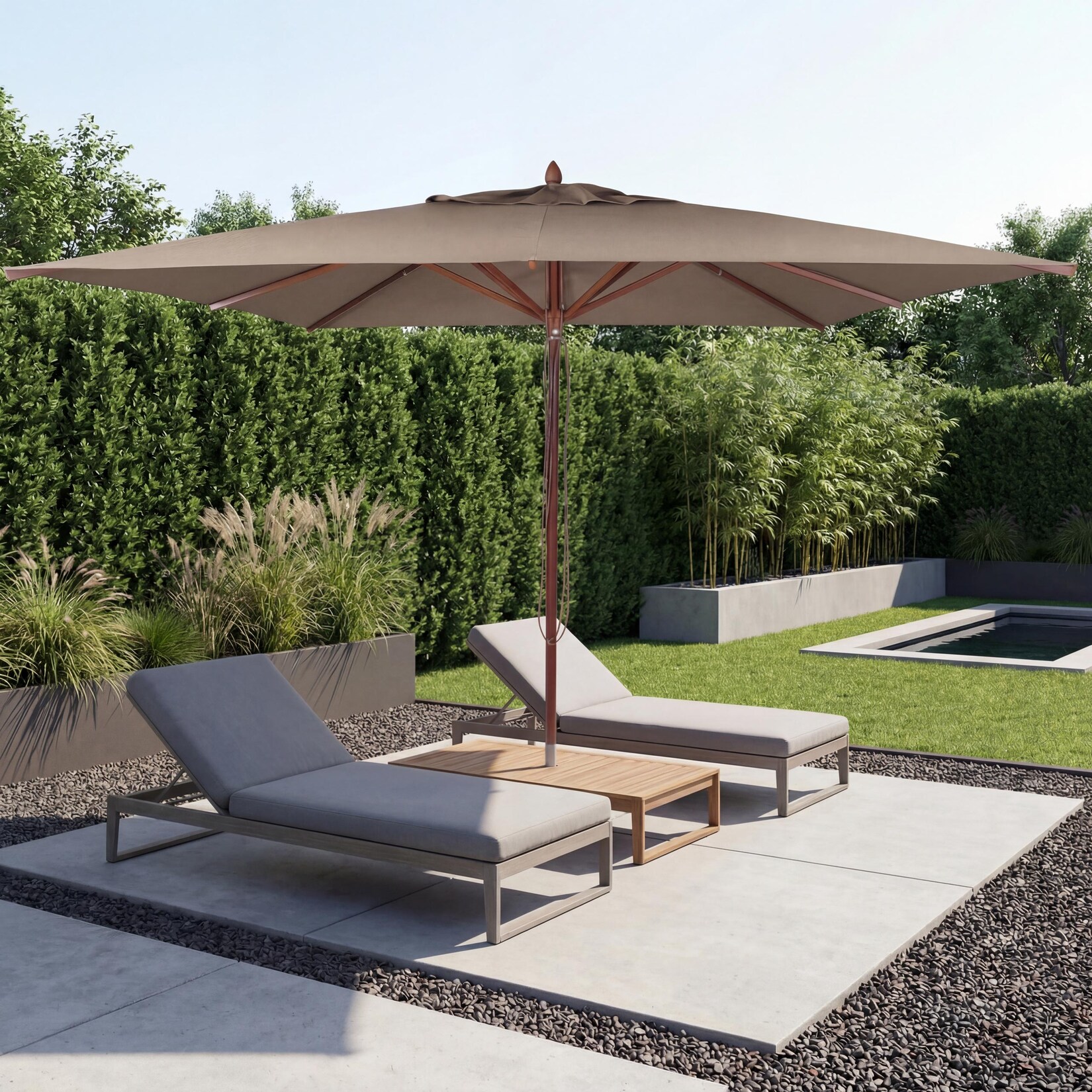 Gastronomie Holz-Sonnenschirm MCW-C57b, Gartenschirm, Polyester/Holz 29kg, eckig 4x4m Seilzug stoßsicher ~ taupe