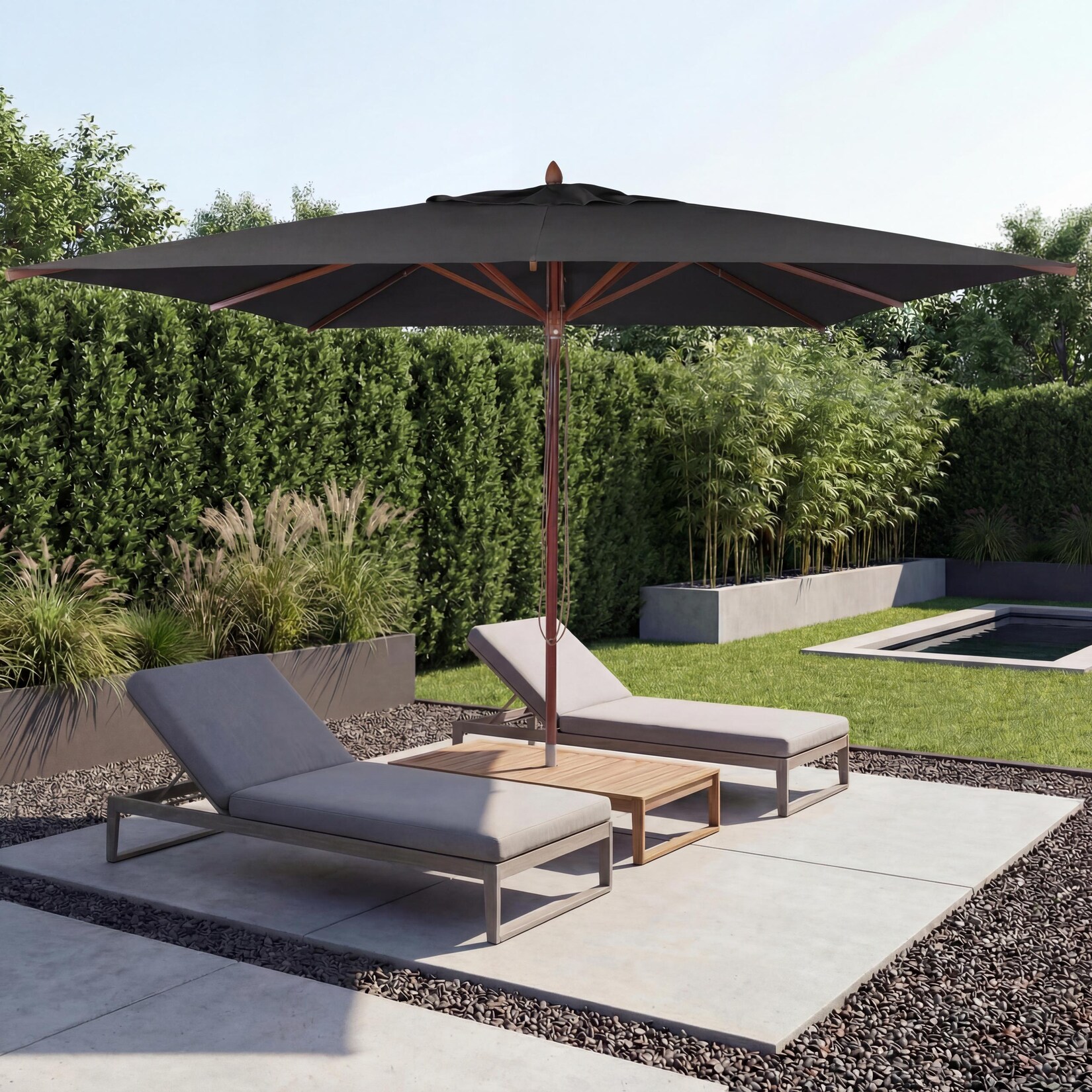 Gastronomie Holz-Sonnenschirm MCW-C57b, Gartenschirm, Polyester/Holz 29kg, eckig 4x4m Seilzug stoßsicher ~ anthrazit
