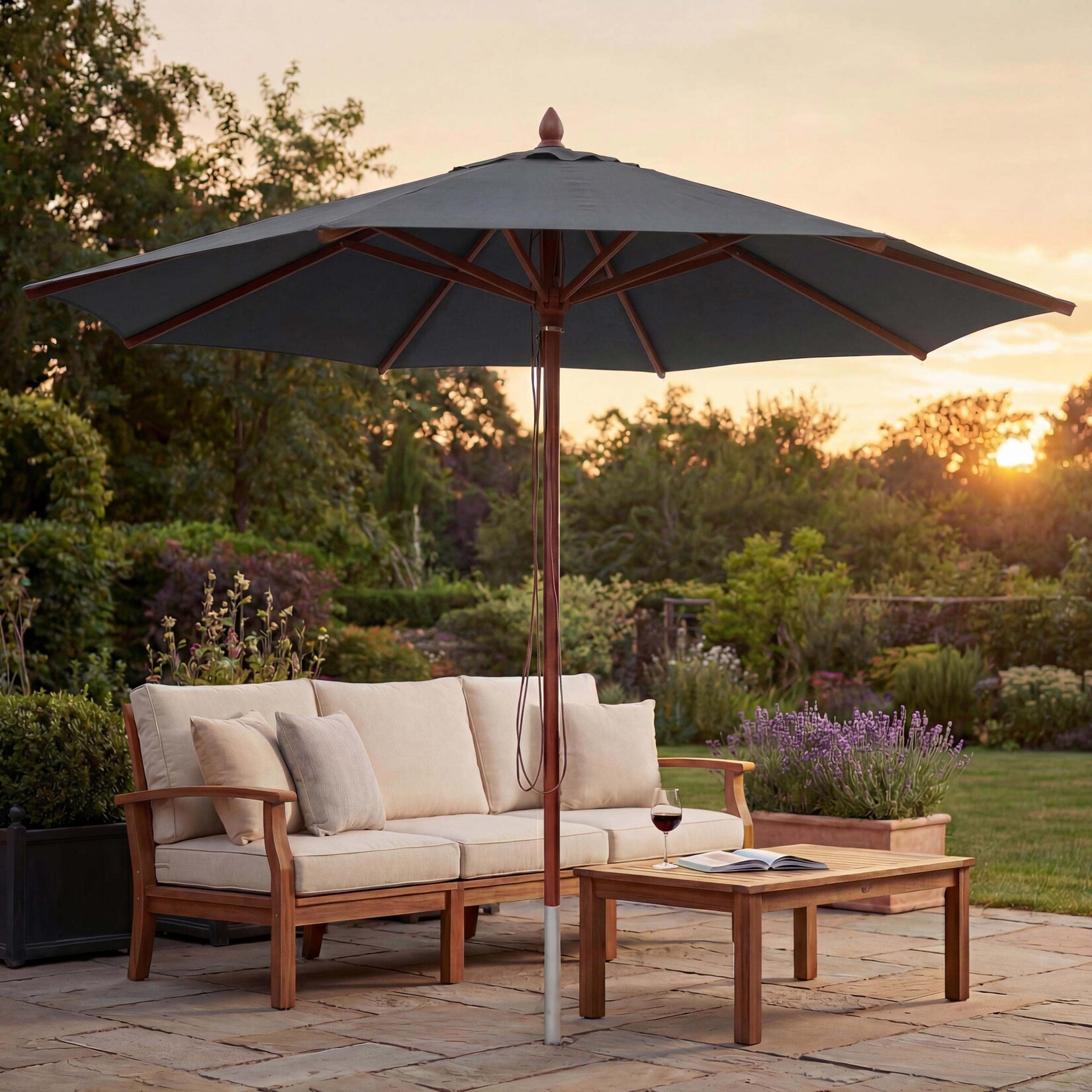 Gastronomie Holz-Sonnenschirm MCW-C57b, Gartenschirm, Polyester/Holz 17kg, rund Ø4m Seilzug stoßsicher ~ anthrazit