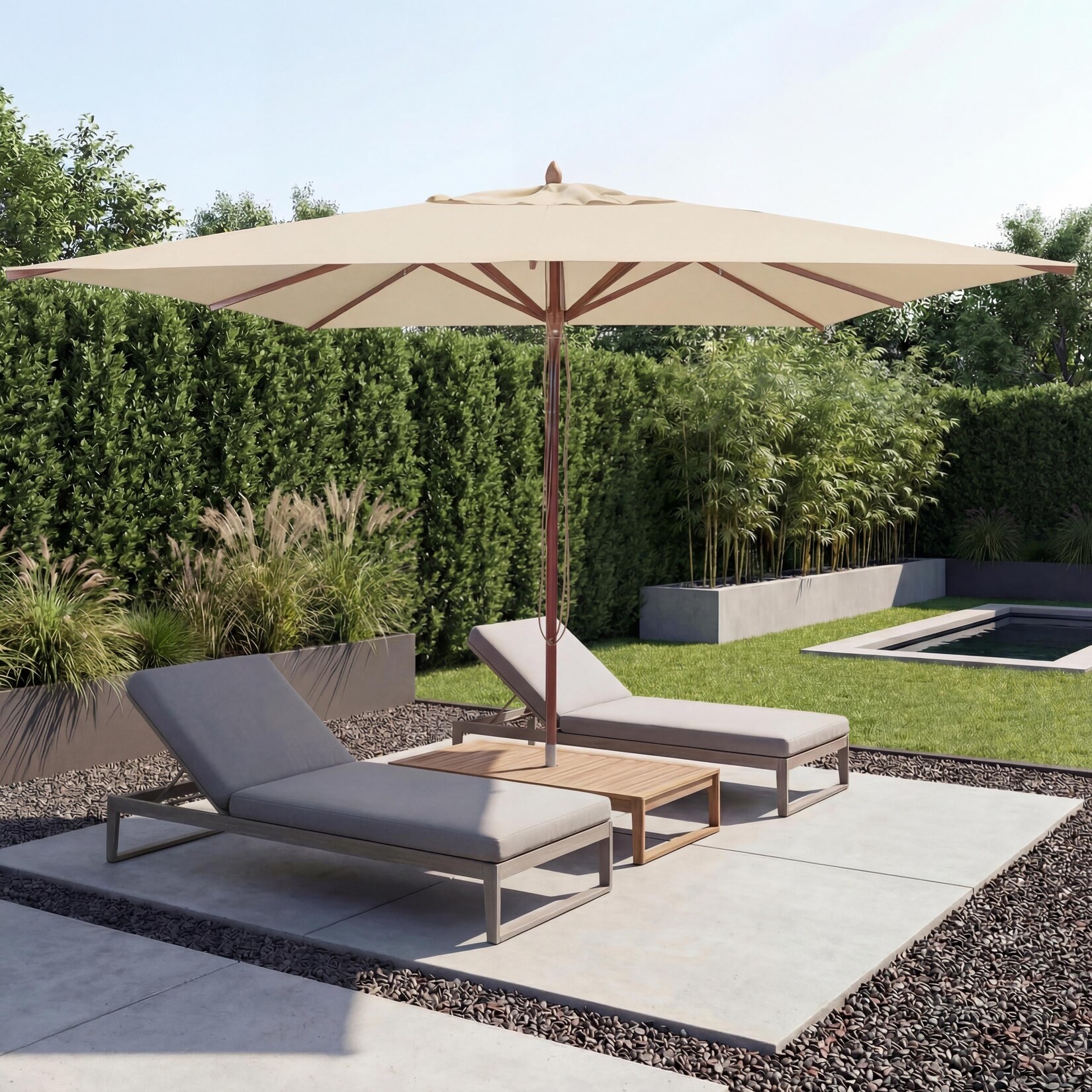 Gastronomie Holz-Sonnenschirm MCW-C57b, Gartenschirm, Polyester/Holz 14kg, eckig 3x3m Seilzug stoßsicher ~ creme