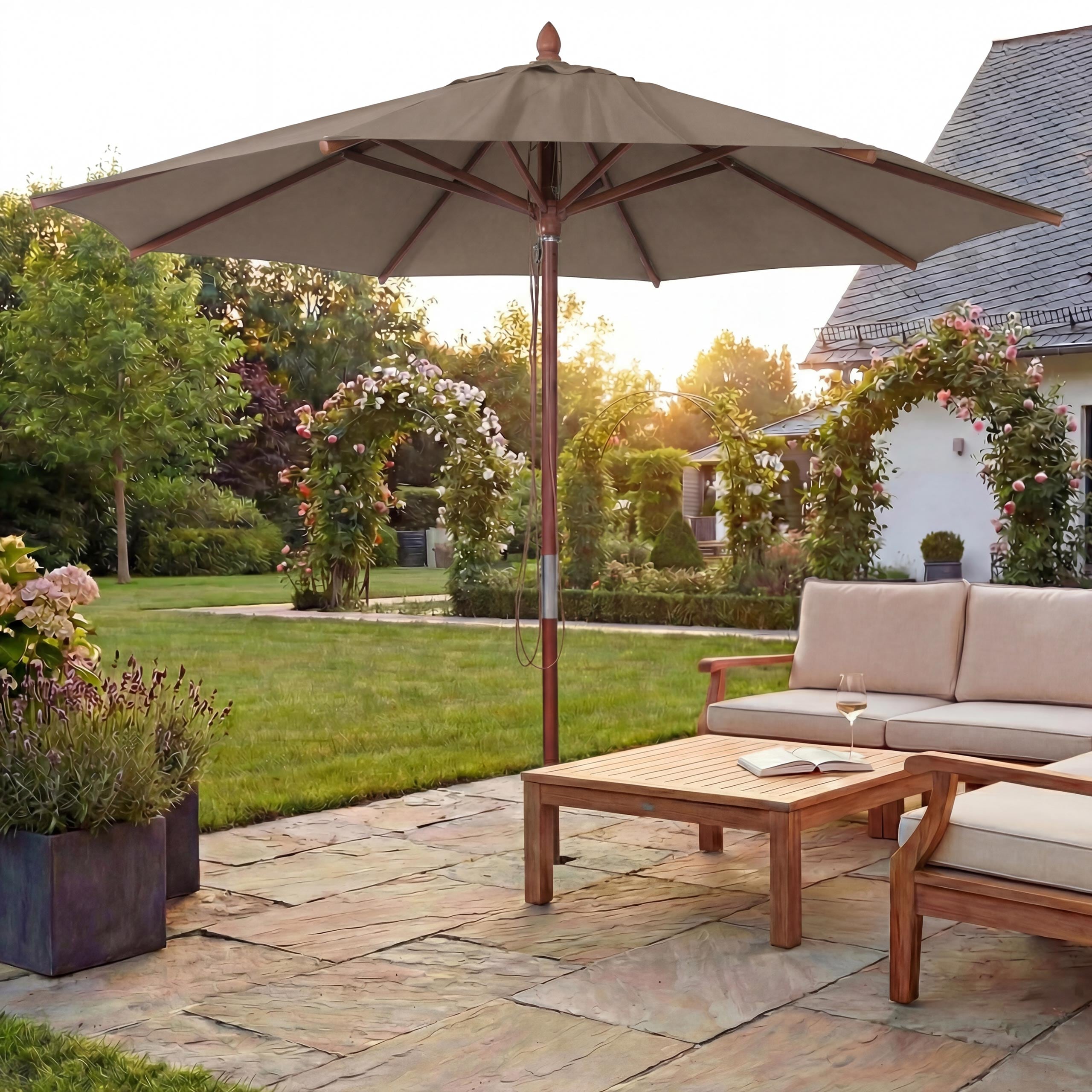 Gastronomie Holz-Sonnenschirm MCW-C57b, Gartenschirm, Polyester/Holz 14kg, rund &Oslash;3m Seilzug sto&szlig;sicher ~ taupe - Bild 1