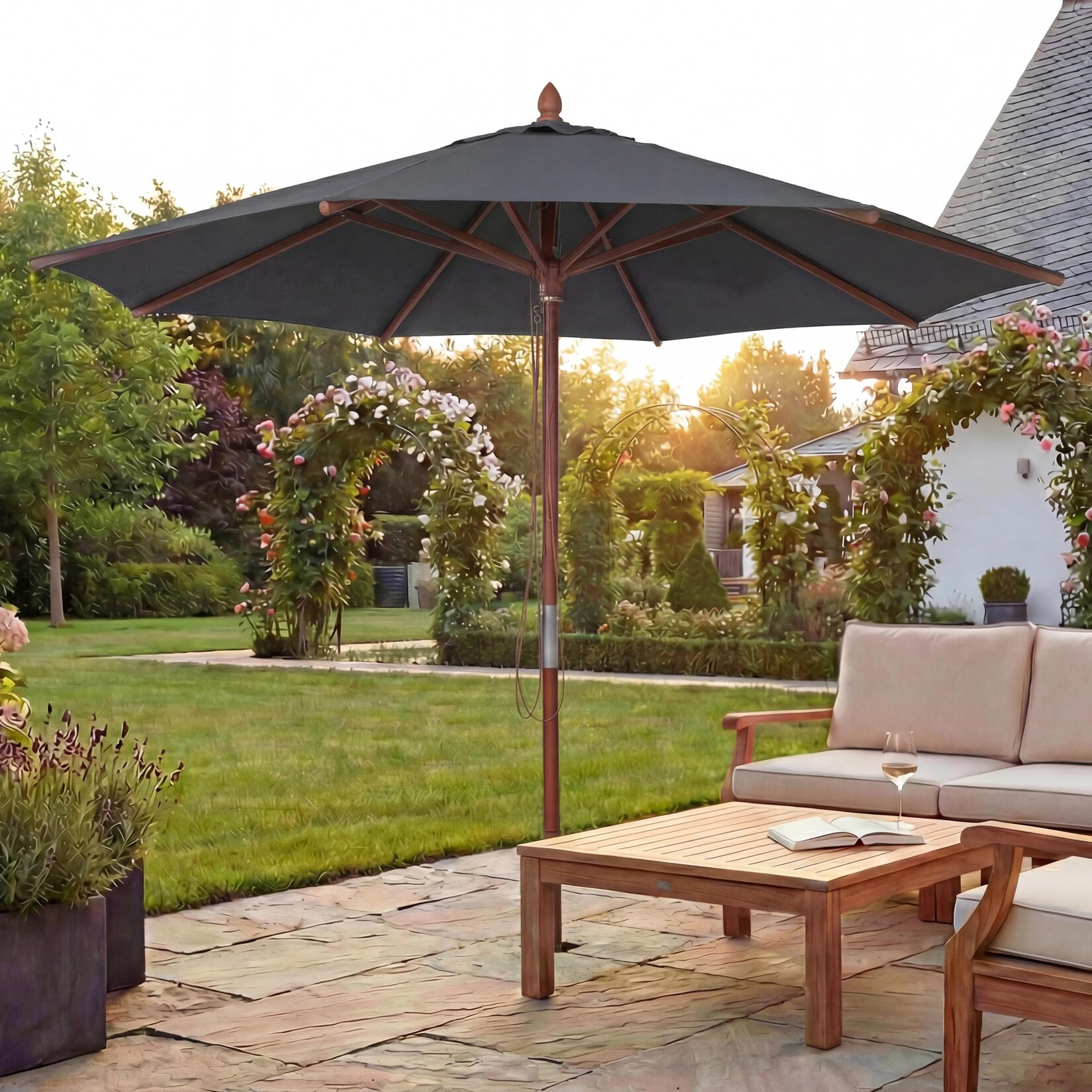 Gastronomie Holz-Sonnenschirm MCW-C57b, Gartenschirm, Polyester/Holz 14kg, rund Ø3m Seilzug stoßsicher ~ anthrazit