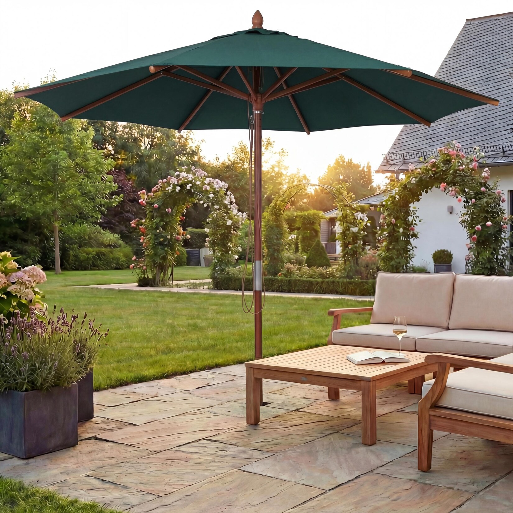 Gastronomie Holz-Sonnenschirm MCW-C57b, Gartenschirm, Polyester/Holz 14kg, rund Ø3m Seilzug stoßsicher ~ dunkelgrün