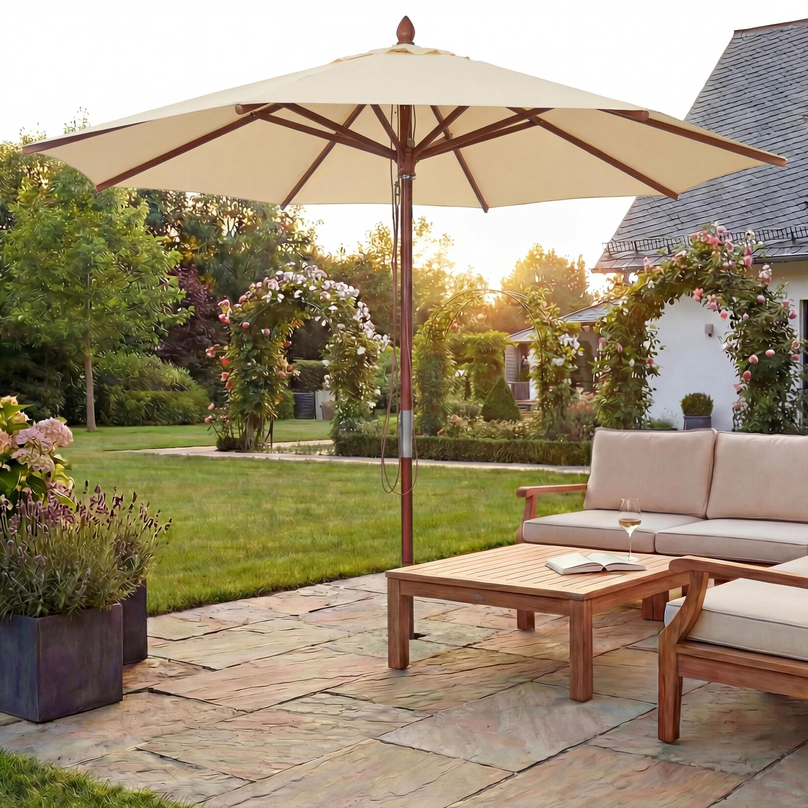 Gastronomie Holz-Sonnenschirm MCW-C57b, Gartenschirm, Polyester/Holz 14kg, rund Ø3m Seilzug stoßsicher ~ creme