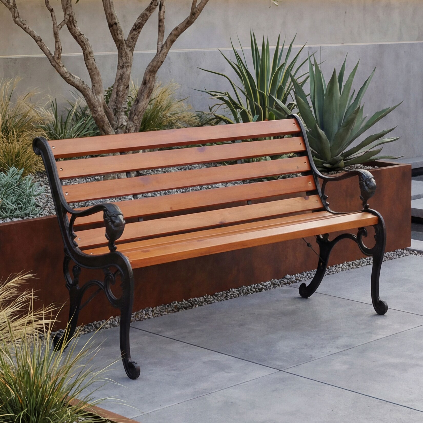Gartenbank MCW-O25, Sitzbank Parkbank Holzbank 2-Sitzer, Gusseisen Holz Kiefer, 132cm ~ teak