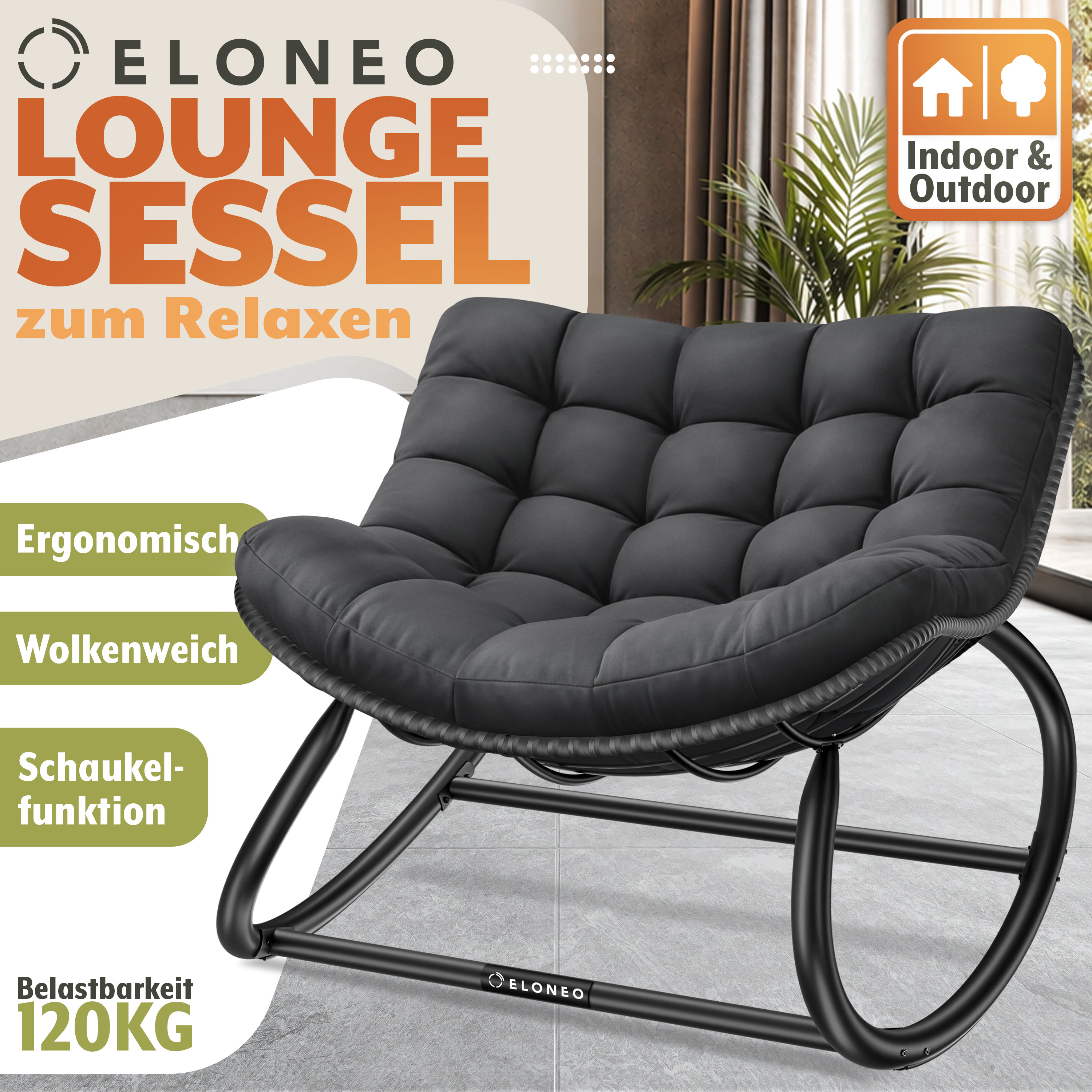 ELONEO Schaukelstuhl Outdoor XXL, ergonomischer Schaukelsessel mit Premium Sitzpolster f&uuml;r drinnen & drau&szlig;en, Balkonsessel, wetterfester Loungesessel Outdoor, rutschfest, bis 120kg, Schwarz, ohne Hocker - Bild 1