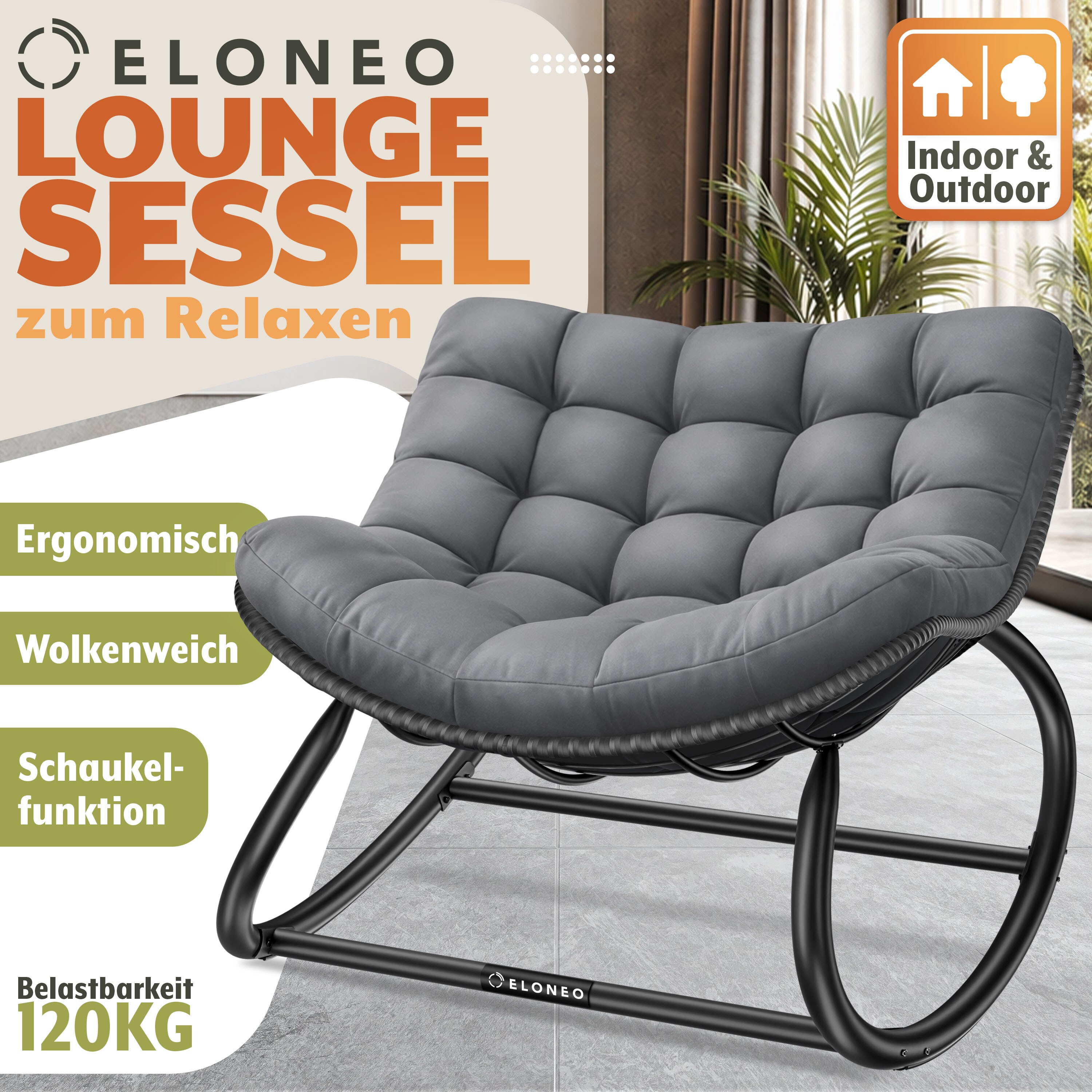 ELONEO Schaukelstuhl Outdoor XXL, ergonomischer Schaukelsessel mit Premium Sitzpolster f&uuml;r drinnen & drau&szlig;en, Balkonsessel, wetterfester Loungesessel Outdoor, rutschfest, bis 120kg, Grau, ohne Hocker - Bild 1