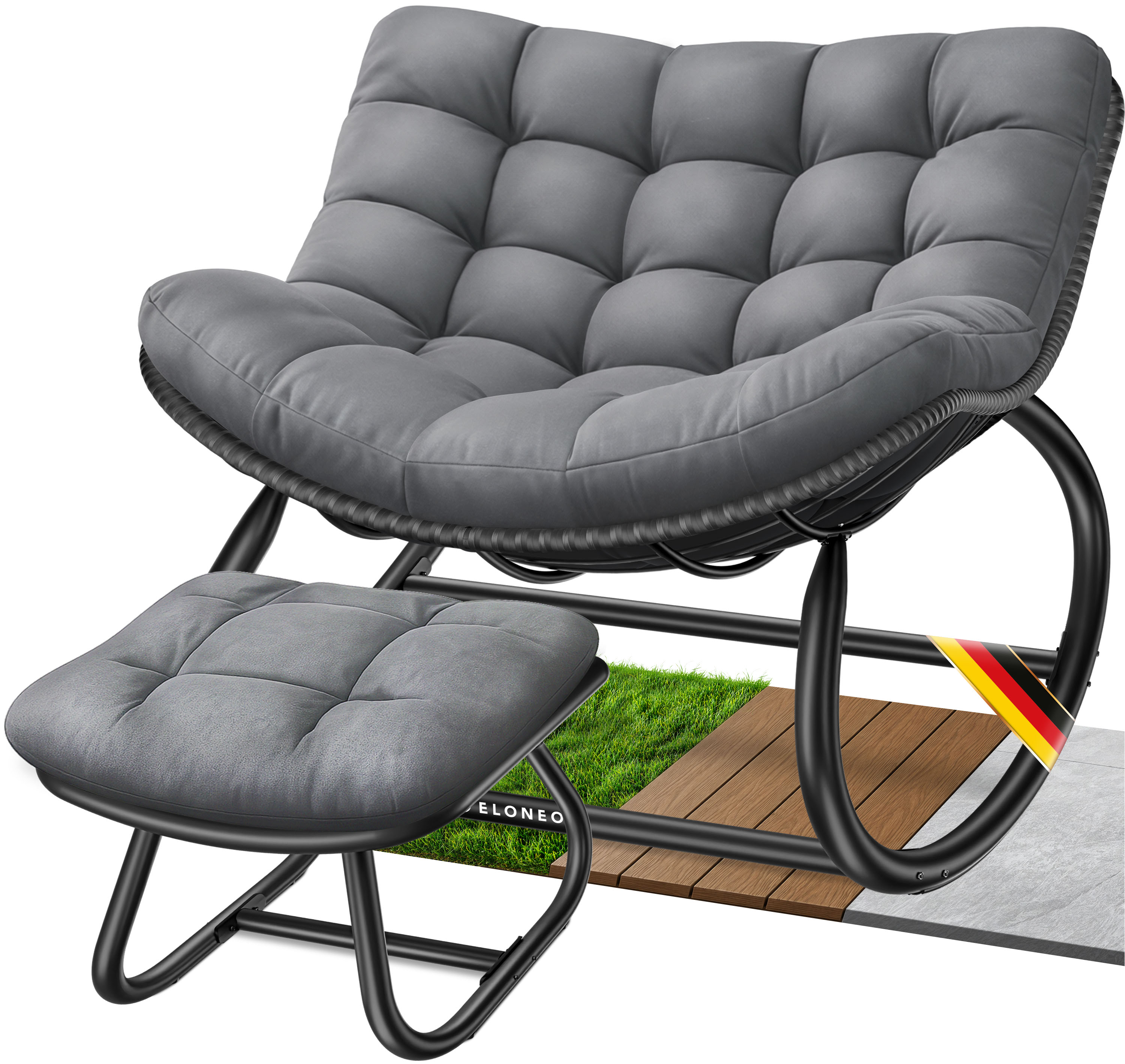 ELONEO Schaukelstuhl Outdoor XXL, ergonomischer Schaukelsessel mit Premium Sitzpolster f&uuml;r drinnen & drau&szlig;en, Balkonsessel, wetterfester Loungesessel Outdoor, rutschfest, bis 120kg, Grau, mit Hocker - Bild 1