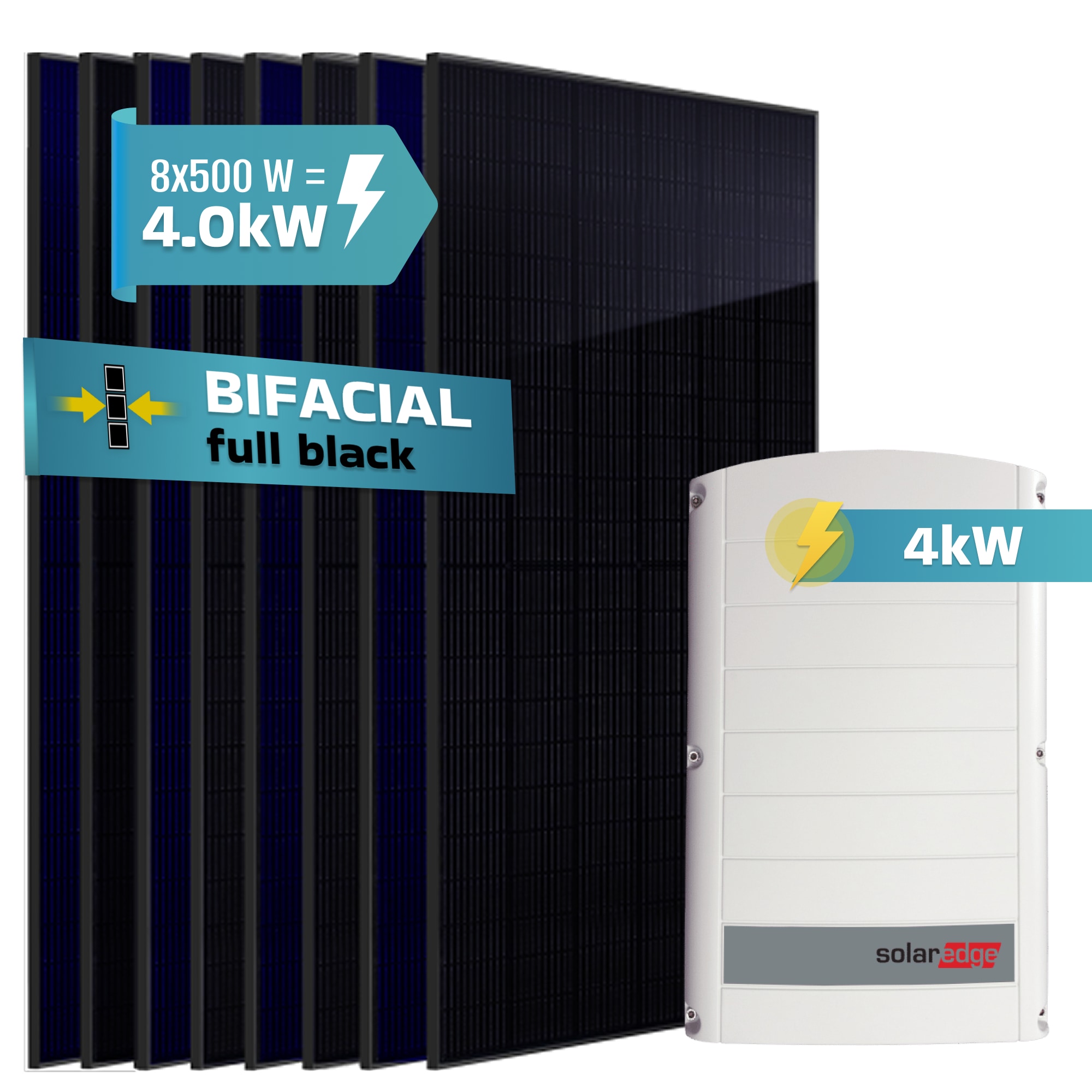 SUNNIVA&reg; 4.0 kW Solaranlage, 8x 500 W Solarmodule Fullblack Bifacial, Wechselrichter SolarEdge SE4K (3-phasig) - Bild 1
