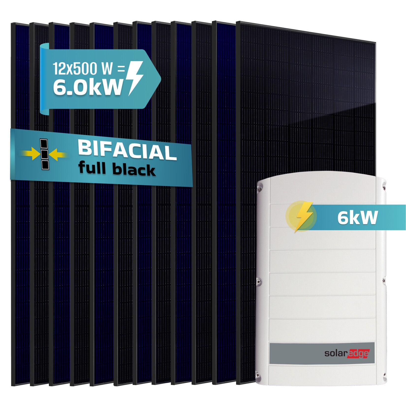 SUNNIVA® 6.0 kW Solaranlage, 12x 500 W Solarmodule Fullblack Bifacial, Wechselrichter SolarEdge SE6K (3-phasig)