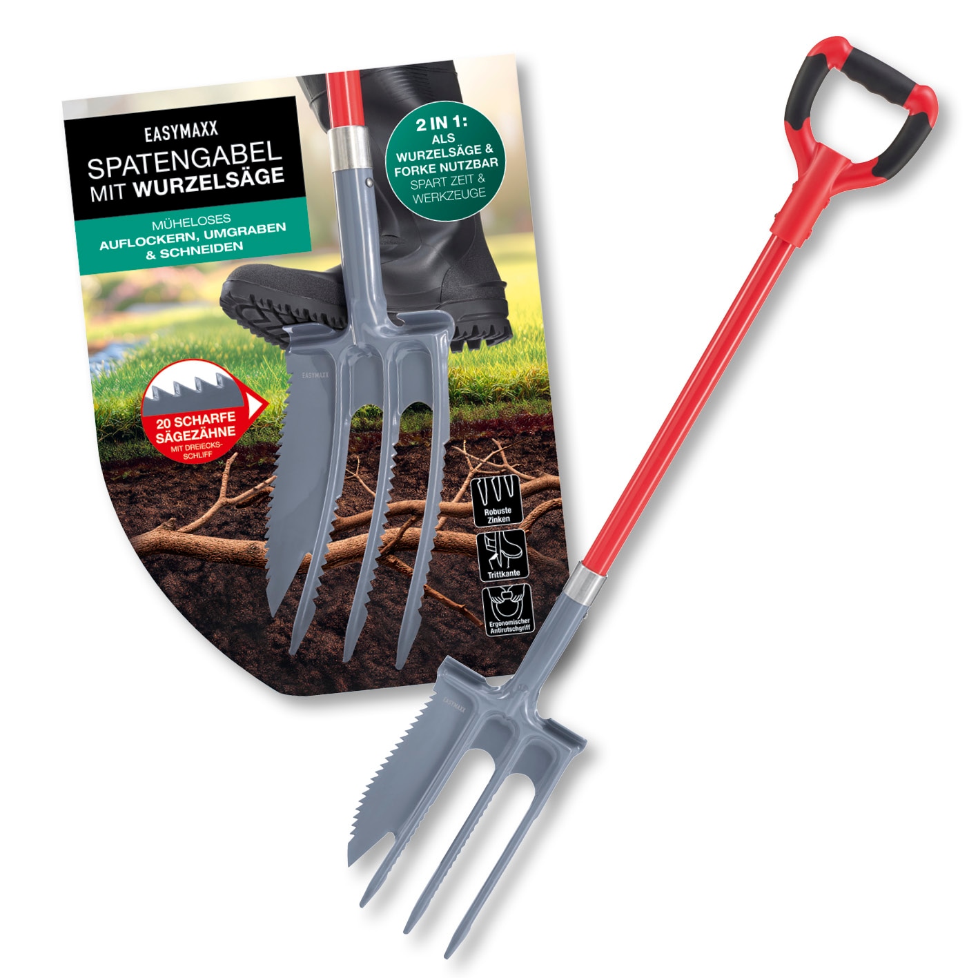 EASYmaxx Spatengabel 114cm schwarz/rot/grau mit Wurzels&auml;ge - Bild 1