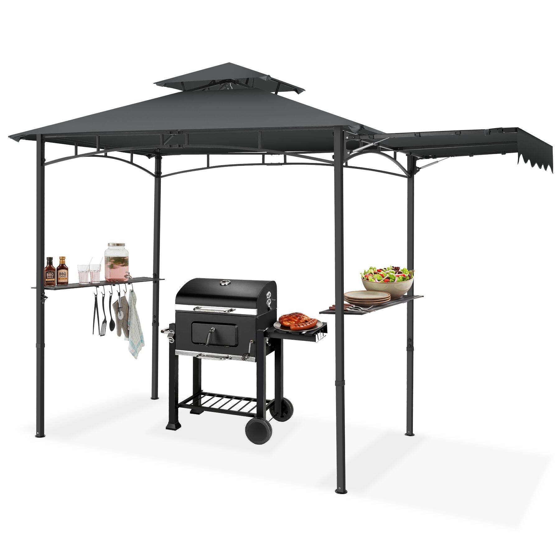 tectake&reg; Grillpavillon, wetterfest mit UV-Schutz, klappbare Markise, seitliche Gitterablagen und 6 Haken, 316 x 150 x 250 cm - Bild 1