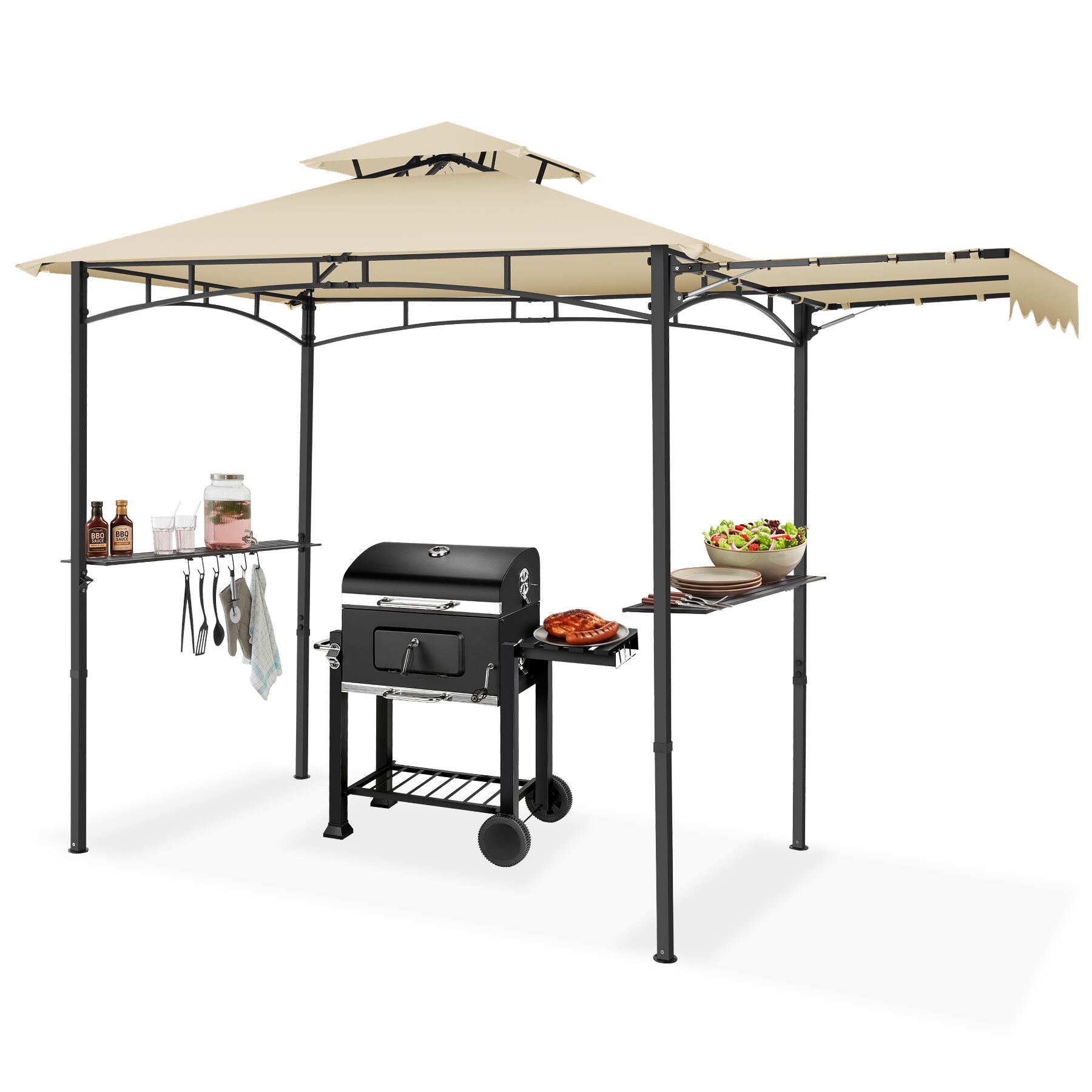tectake&reg; Grillpavillon, wetterfest mit UV-Schutz, klappbare Markise, seitliche Gitterablagen und 6 Haken, 316 x 150 x 250 cm - Bild 1