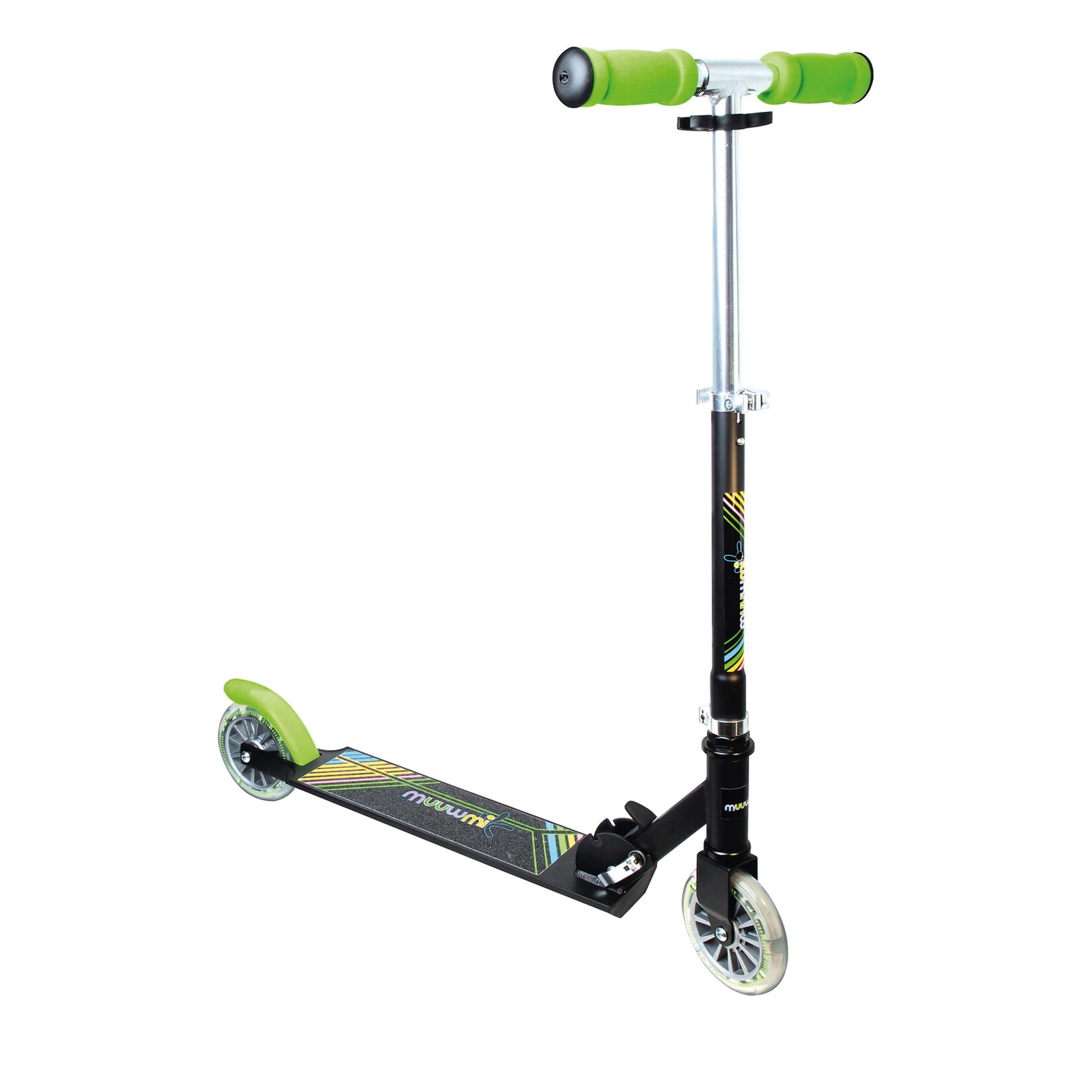 muuwmi Aluminium Scooter Neon – Tretroller, 125 mm, ABEC 5, GS-geprüft, höhenverstellbar, LED-Leuchtrollen, grün-schwarz