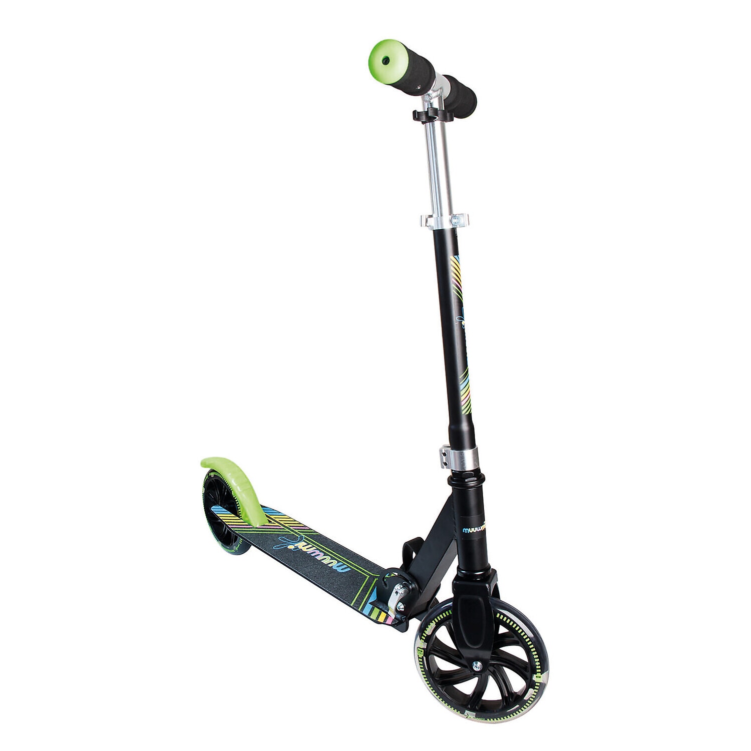 muuwmi Aluminium Scooter Neon &ndash; Tretroller, 180 mm, ABEC 5, GS-gepr&uuml;ft, h&ouml;henverstellbar, LED-Leuchtrollen, gr&uuml;n-schwarz - Bild 1