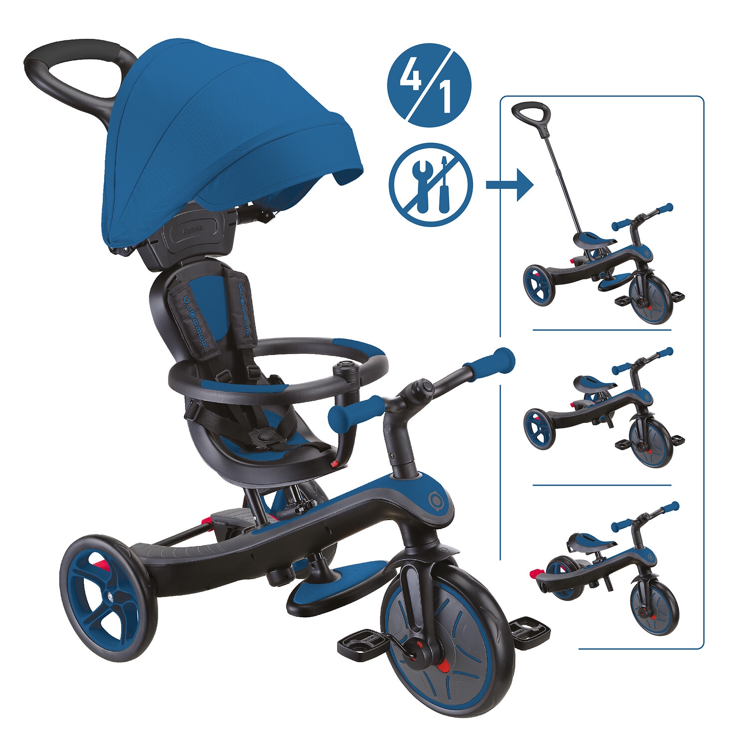 GLOBBER EXPLORER TRIKE 4in1 &ndash; Kinderwagen, Dreirad und Laufrad, 10/8,5 Zoll, TPR-Sitz, h&ouml;henverstellbar, blau - Bild 1