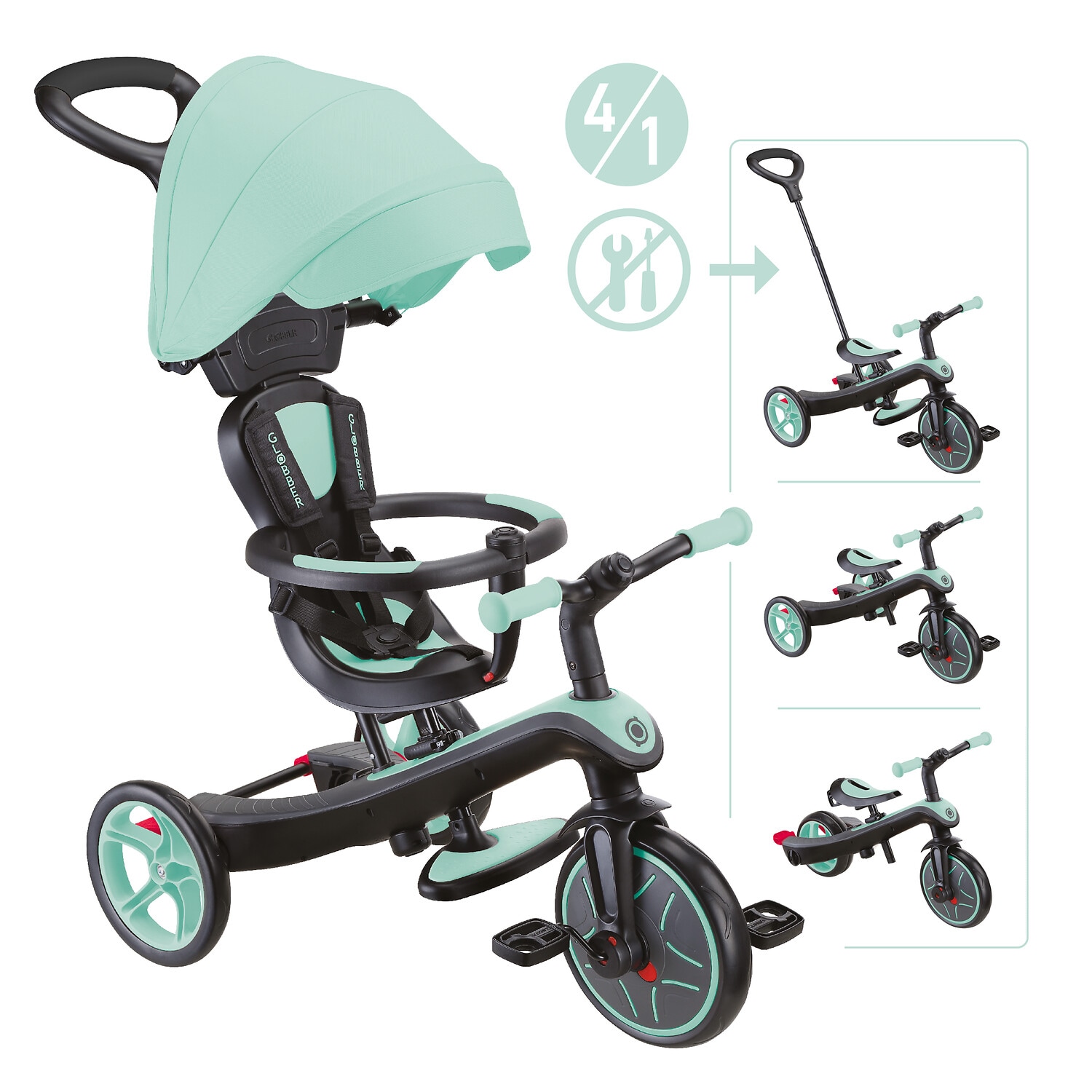 GLOBBER EXPLORER TRIKE 4in1 &ndash; Kinderwagen, Dreirad und Laufrad, 10/8,5 Zoll, TPR-Sitz, h&ouml;henverstellbar, mint - Bild 1