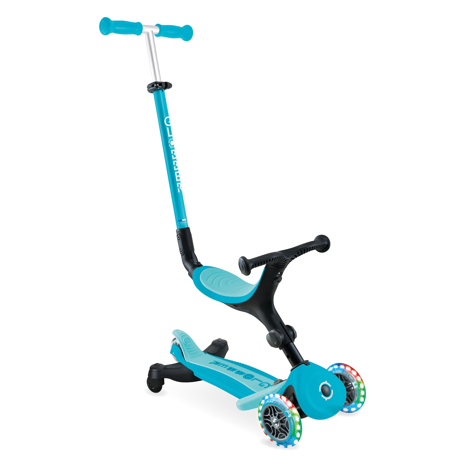 GLOBBER GO-UP ACTIVE LIGHTS 360 &ndash; 3 in 1 Aufsitzrad, Laufrad und Scooter, 120/80 mm, 3-r&auml;drig, h&ouml;henverstellbar, blau - Bild 1