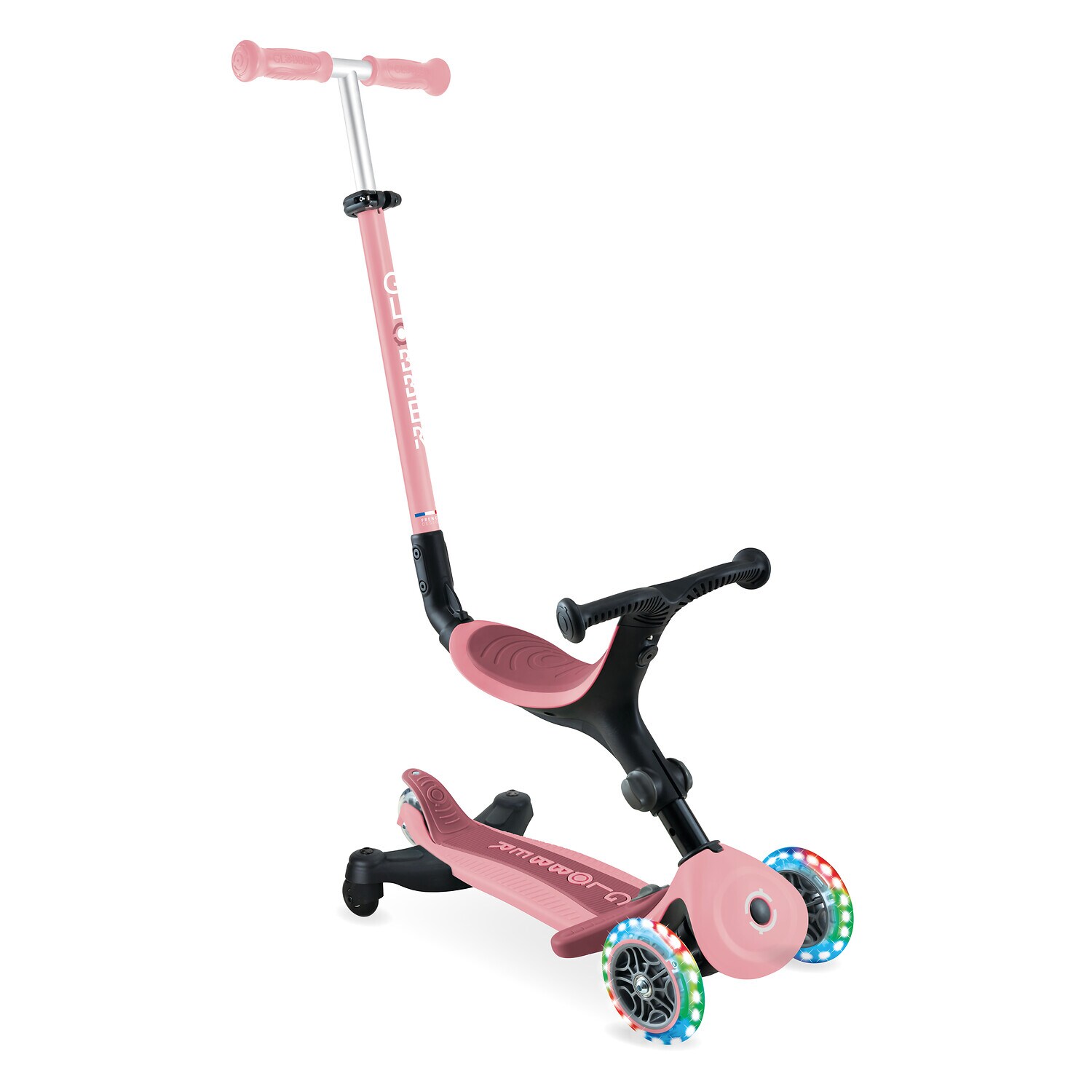 GLOBBER GO-UP ACTIVE LIGHTS 360 – 3 in 1 Aufsitzrad, Laufrad und Scooter, 120/80 mm, 3-rädrig, höhenverstellbar, rosa