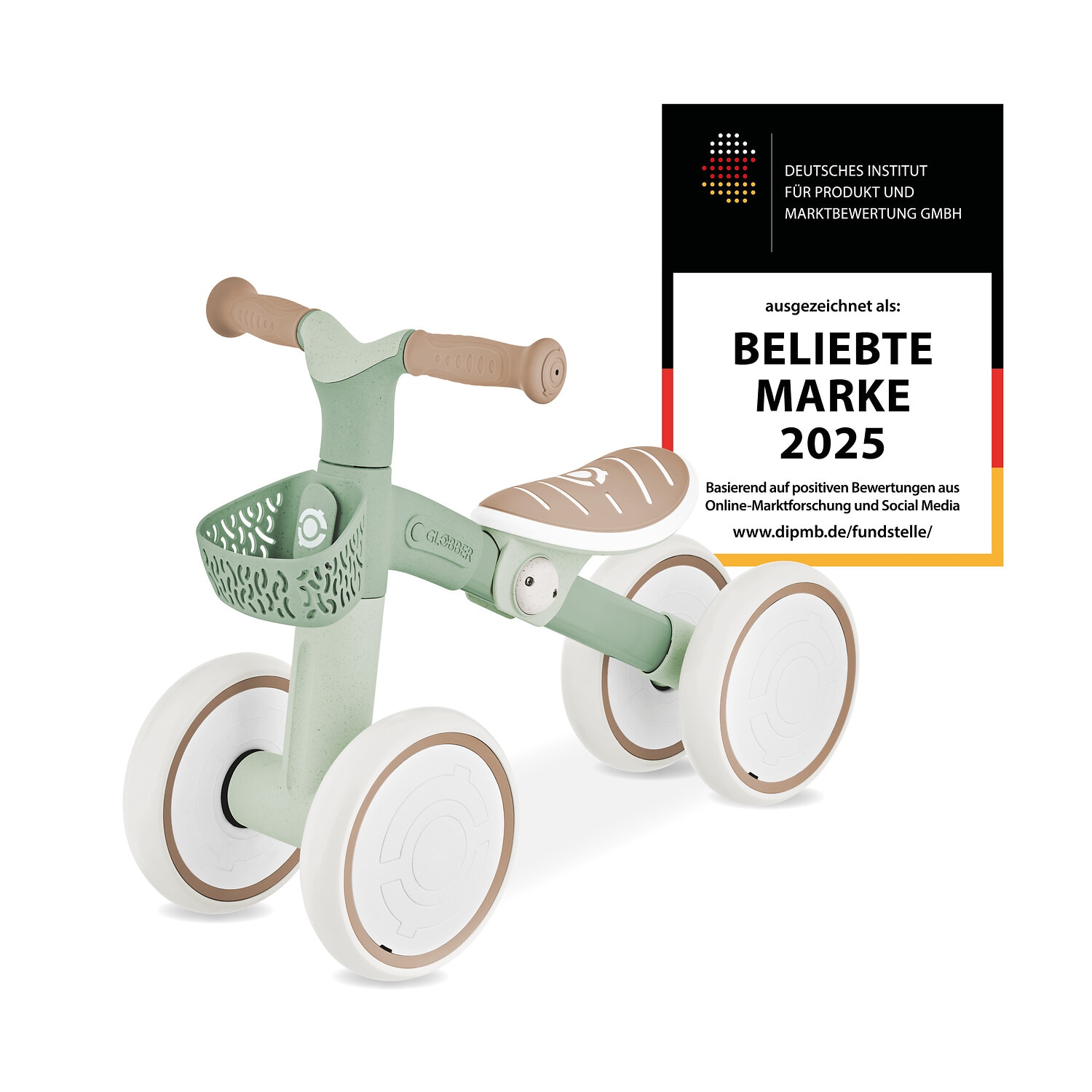 GLOBBER LEARNING BIKE &ndash;  Aufsitzrad, Lernrad, 7 Zoll EVA-Bereifung, 4-r&auml;drig, Sattel h&ouml;henverstellbar, salbei gr&uuml;n - Bild 1