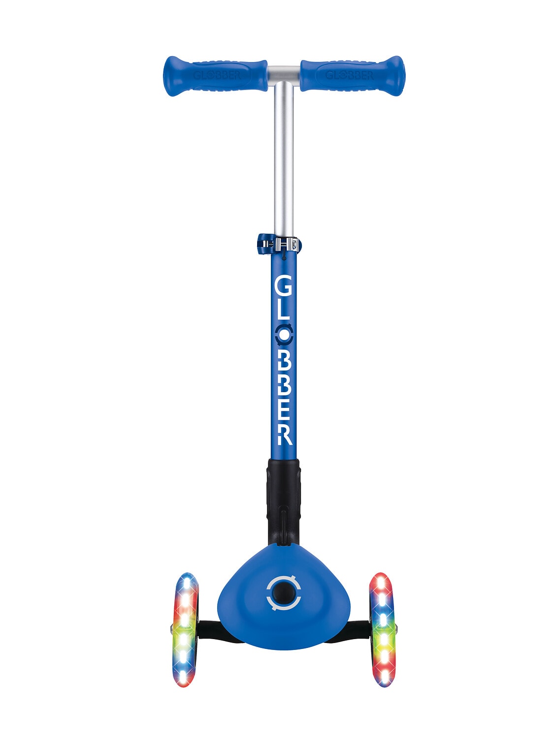 GLOBBER JUNIOR FOLDABLE LIGHTS &ndash; Tretroller, 120/80 mm, ABEC 9, 3-r&auml;drig, LED-Leuchtrollen, dunkelblau - Bild 1
