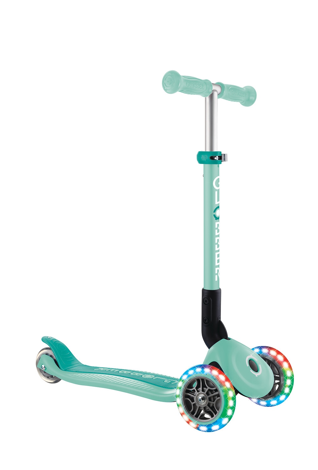 GLOBBER JUNIOR FOLDABLE LIGHTS &ndash; Tretroller, 120/80 mm, ABEC 9, 3-r&auml;drig, LED-Leuchtrollen, mint - Bild 1