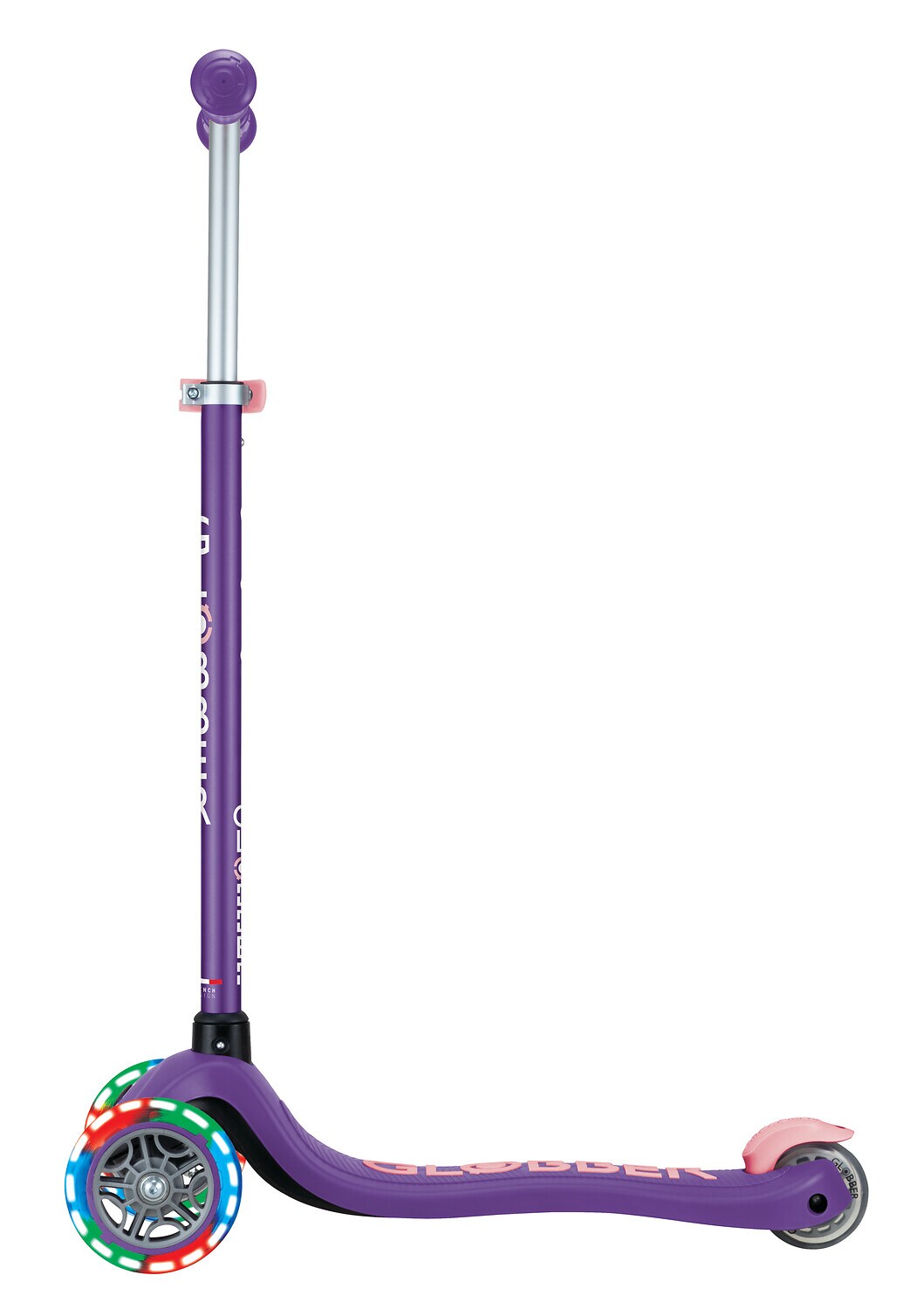 GLOBBER PRIMO PLUS LIGHTS – Tretroller Kinder, 120/80 mm, ABEC 9, 3-rädrig, höhenverstellbar, LED-Leuchtrollen, lila