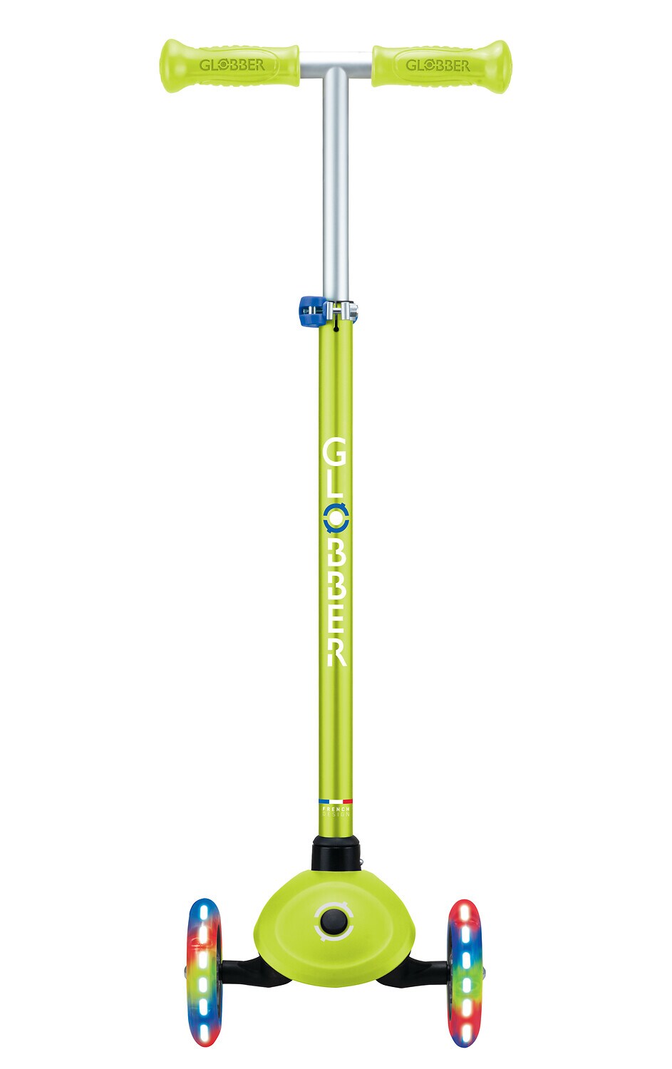 GLOBBER PRIMO PLUS LIGHTS – Tretroller Kinder, 120/80mm, ABEC 9, 3-rädrig, höhenverstellbar, LED-Leuchtrollen, lime grün