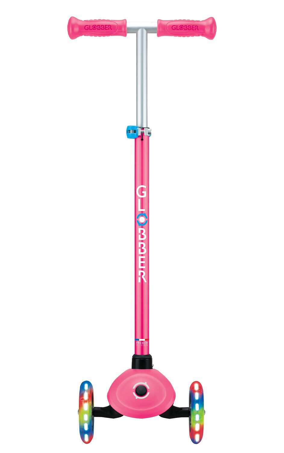 GLOBBER PRIMO PLUS LIGHTS – Tretroller Kinder, 120/80 mm, ABEC 9, 3-rädrig, höhenverstellbar, LED-Leuchtrollen, pink