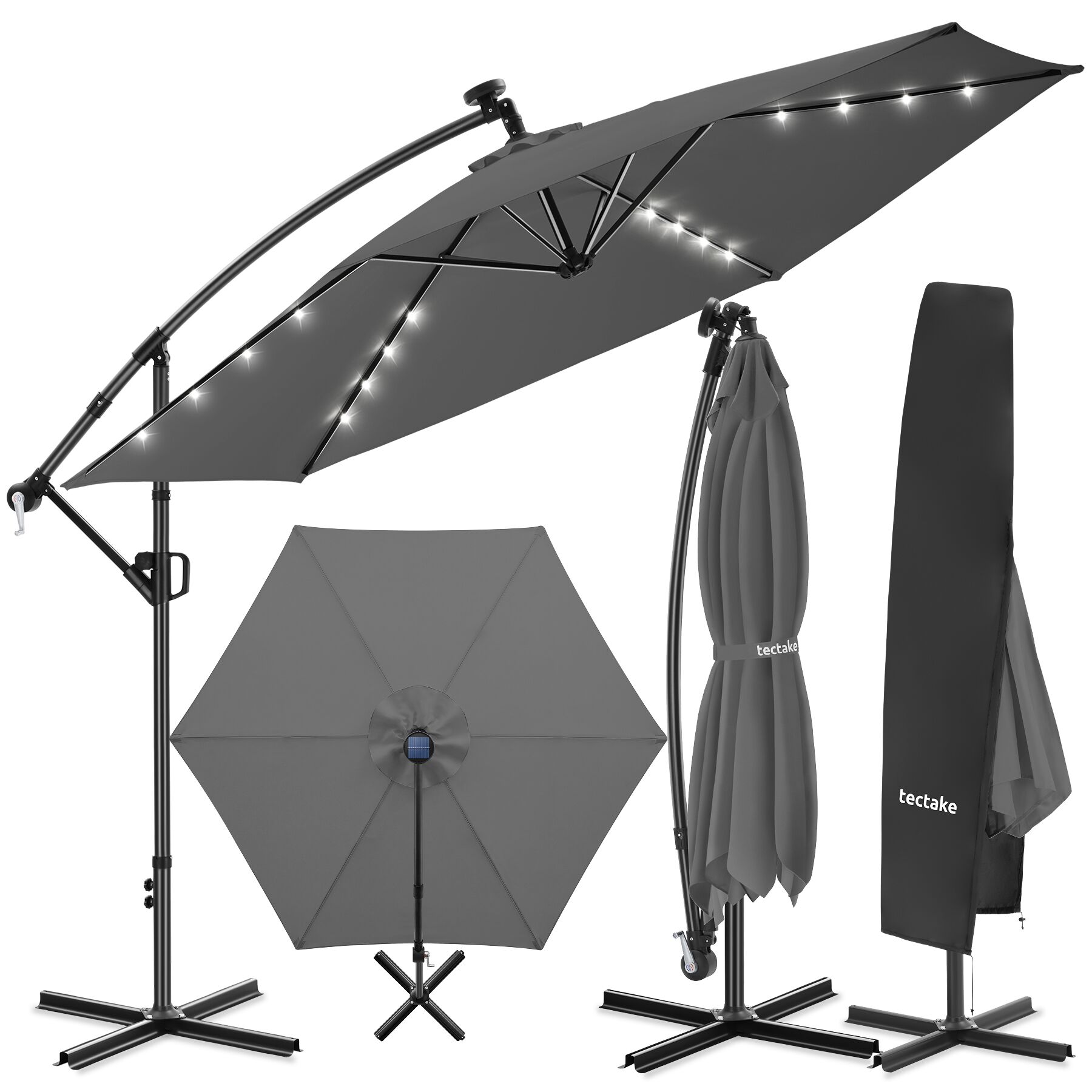 tectake&reg; Ampelschirm, 3,5 x 3,5 m, 360&deg; drehbar, Kurbelmechanismus, mit LED Solar-Beleuchtung, inkl. Schutzh&uuml;lle - Bild 1