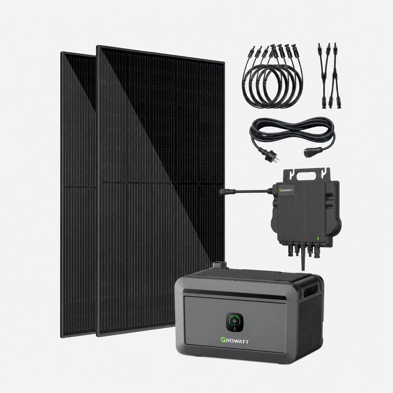 VALE Balkonkraftwerk 900 Wp – 2x 450 Wp Premium Solarmodul bifazial (Glas+Glas), Growatt NEO 800M-X, Growatt Noah 2000, 5m Anschlusskabel