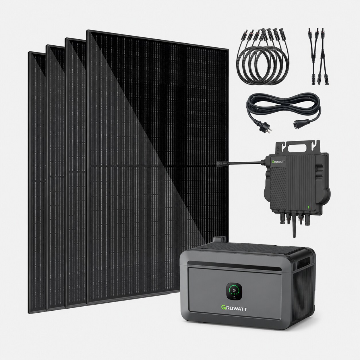 VALE Balkonkraftwerk 1.800 Wp – 4x 450 Wp Premium Solarmodul bifazial (Glas+Glas), Growatt NEO 800M-X, Growatt Noah 2000, 5m Anschlusskabel