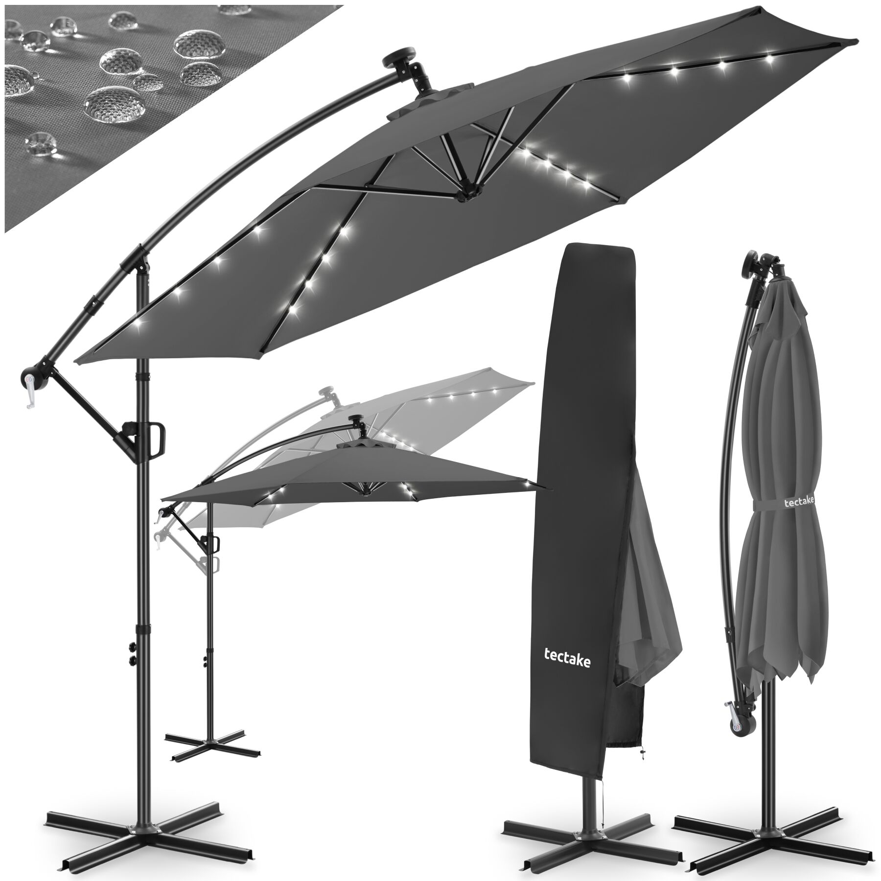 tectake&reg; Ampelschirm, 3 x 3 m, 360&deg; drehbar, Kurbelmechanismus, mit LED Solar-Beleuchtung, inkl. Schutzh&uuml;lle - Bild 1
