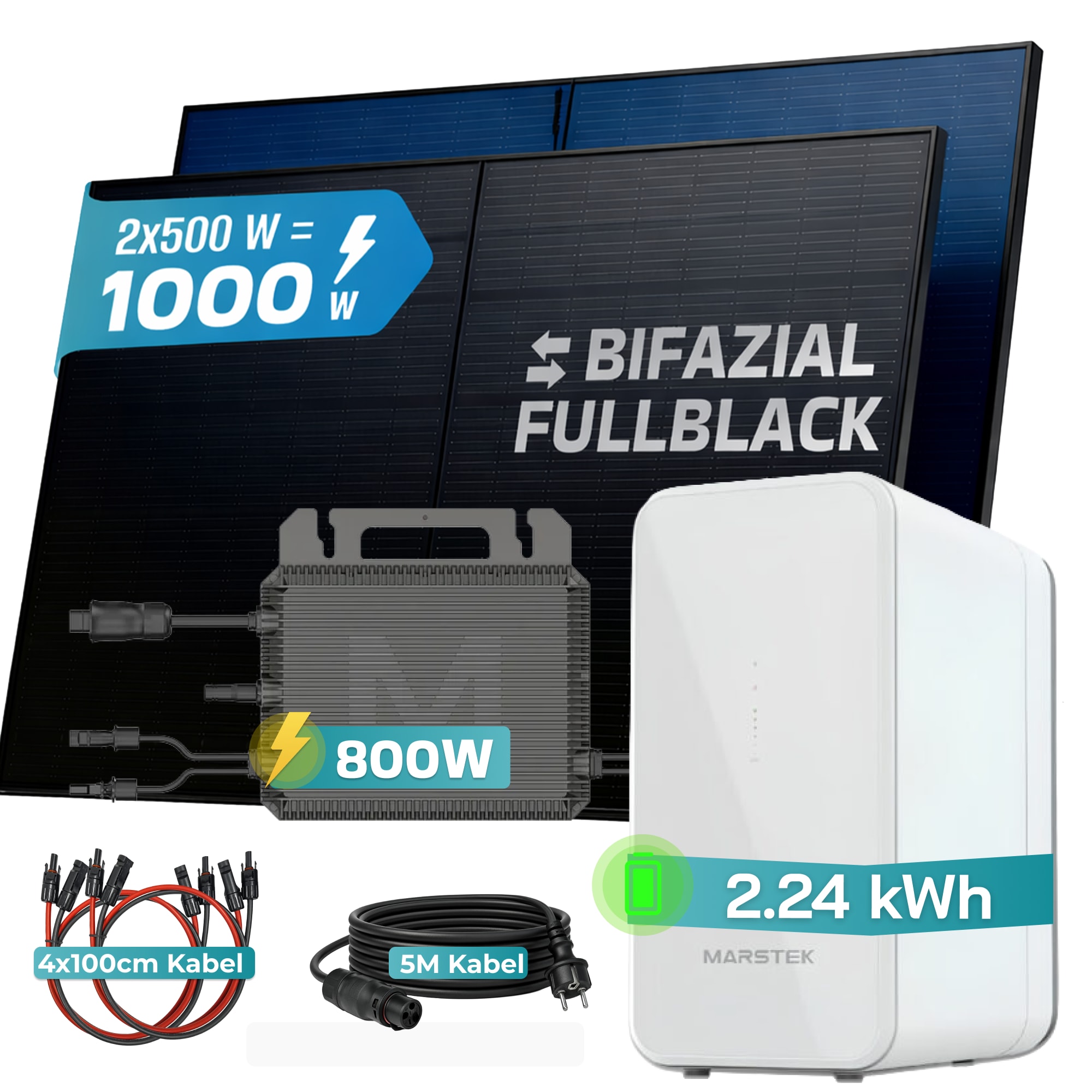 SUNNIVA&reg; 1000W Balkonkraftwerk mit 2,24 kWh Speicher MARSTEK B2500-D, BIFAZIAL FULLBLACK komplett Steckdose, PV Solaranlage Komplettset mit Solarspeicher, 2x 500W N-Type Glas Bifacial Module - Bild 1