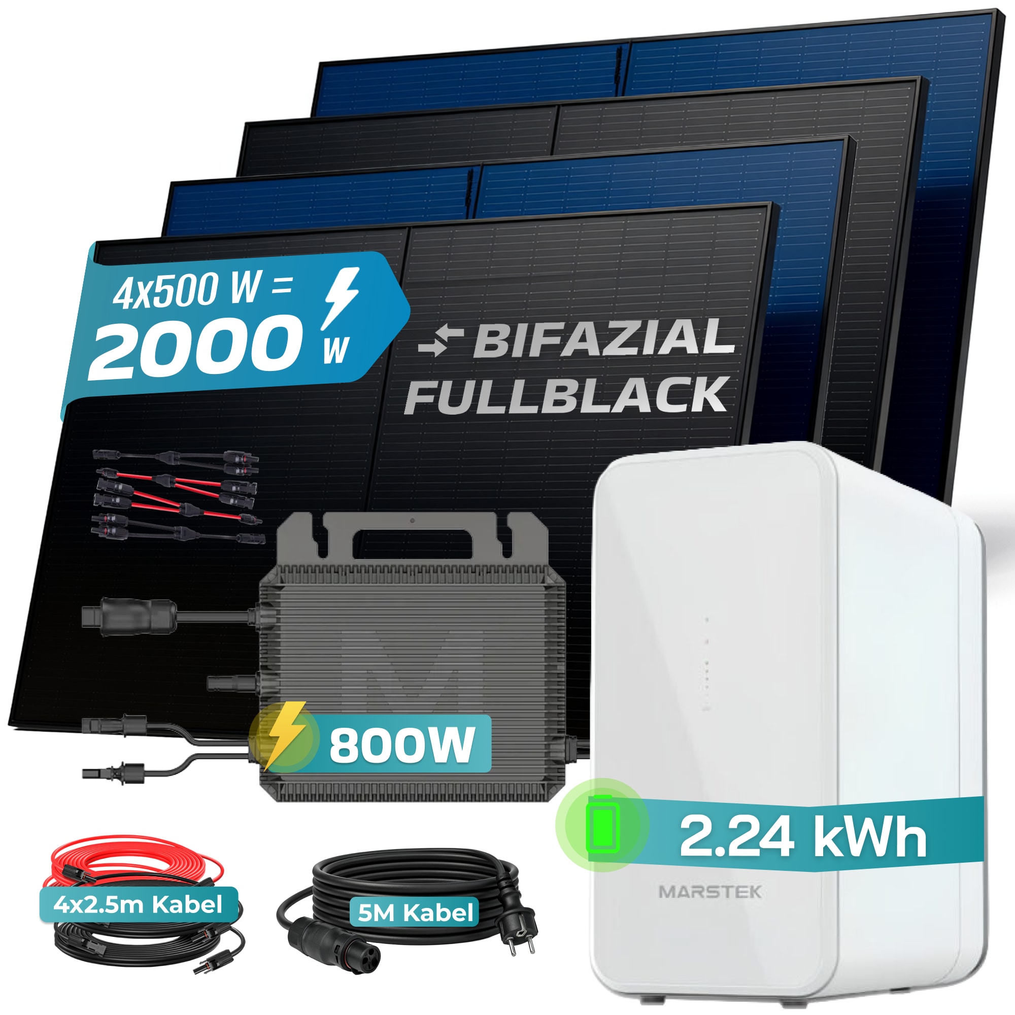 SUNNIVA&reg; 2000W Balkonkraftwerk mit 2,24 kWh Speicher MARSTEK B2500-D, BIFAZIAL FULLBLACK komplett Steckdose, PV Solaranlage Komplettset mit Solarspeicher, 4x 500W N-Type Glas Bifacial Module - Bild 1
