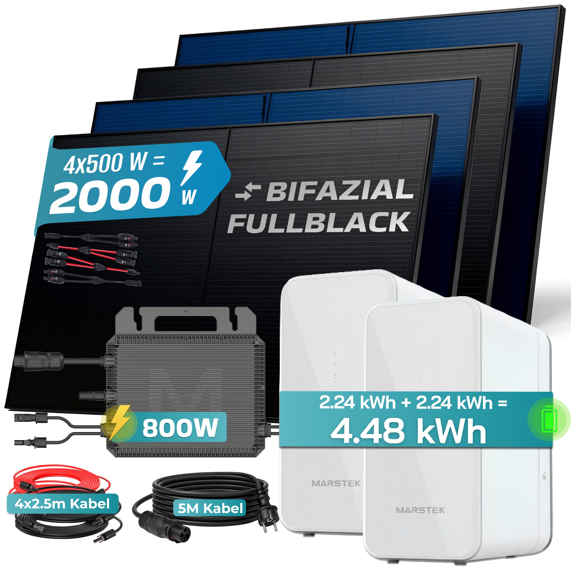 SUNNIVA&reg; 2000W Balkonkraftwerk mit 4.48 kWh Speicher MARSTEK 2x B2500-D, BIFAZIAL FULLBLACK komplett Steckdose, PV Solaranlage Komplettset mit Solarspeicher, 4x 500W N-Type Glas Bifacial Module - Bild 1