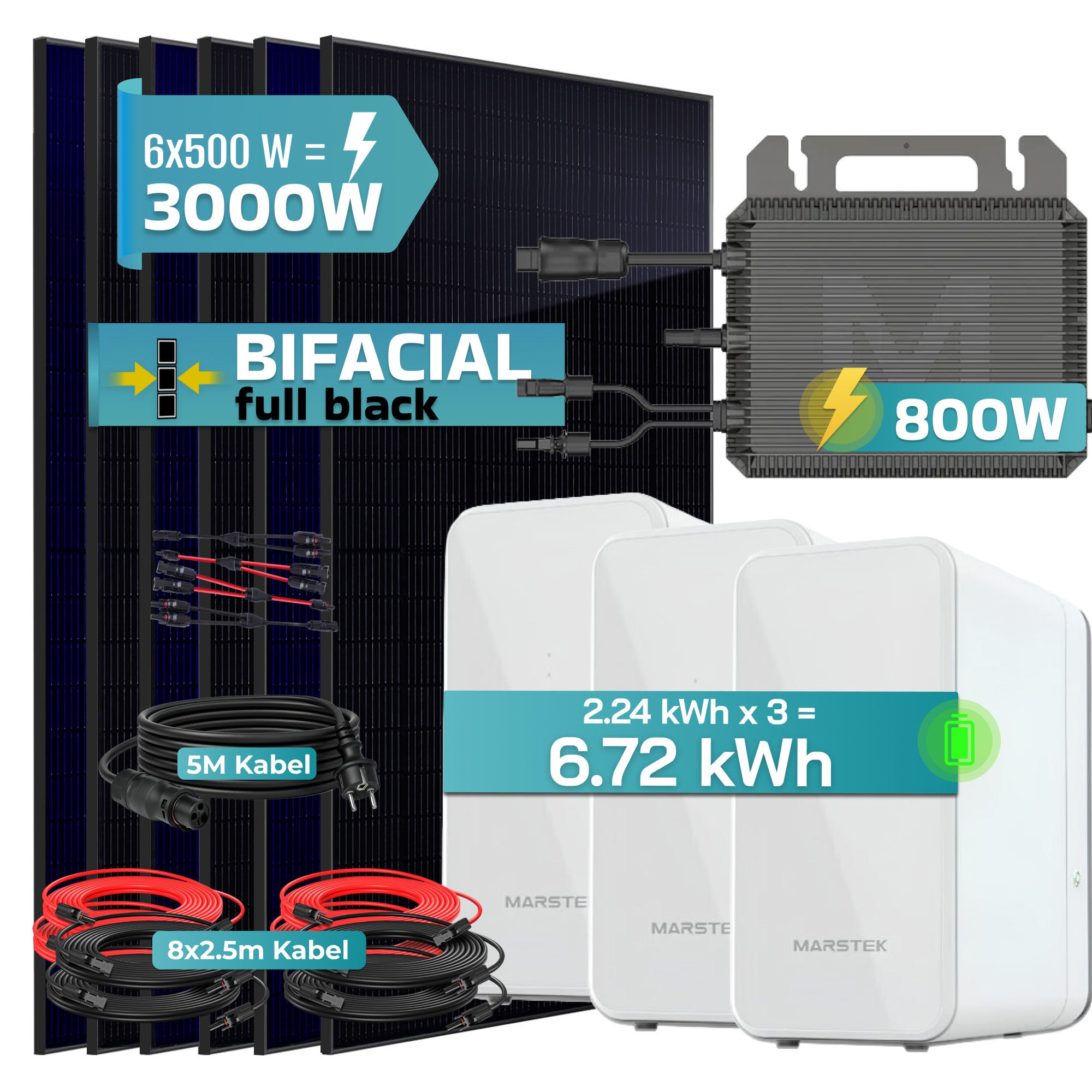 SUNNIVA&reg; 3000W Balkonkraftwerk mit 6,72 kWh Speicher MARSTEK 3x B2500-D, BIFAZIAL FULLBLACK komplett Steckdose, PV Solaranlage Komplettset mit Solarspeicher, 6x 500W N-Type Glas Bifacial Module - Bild 1