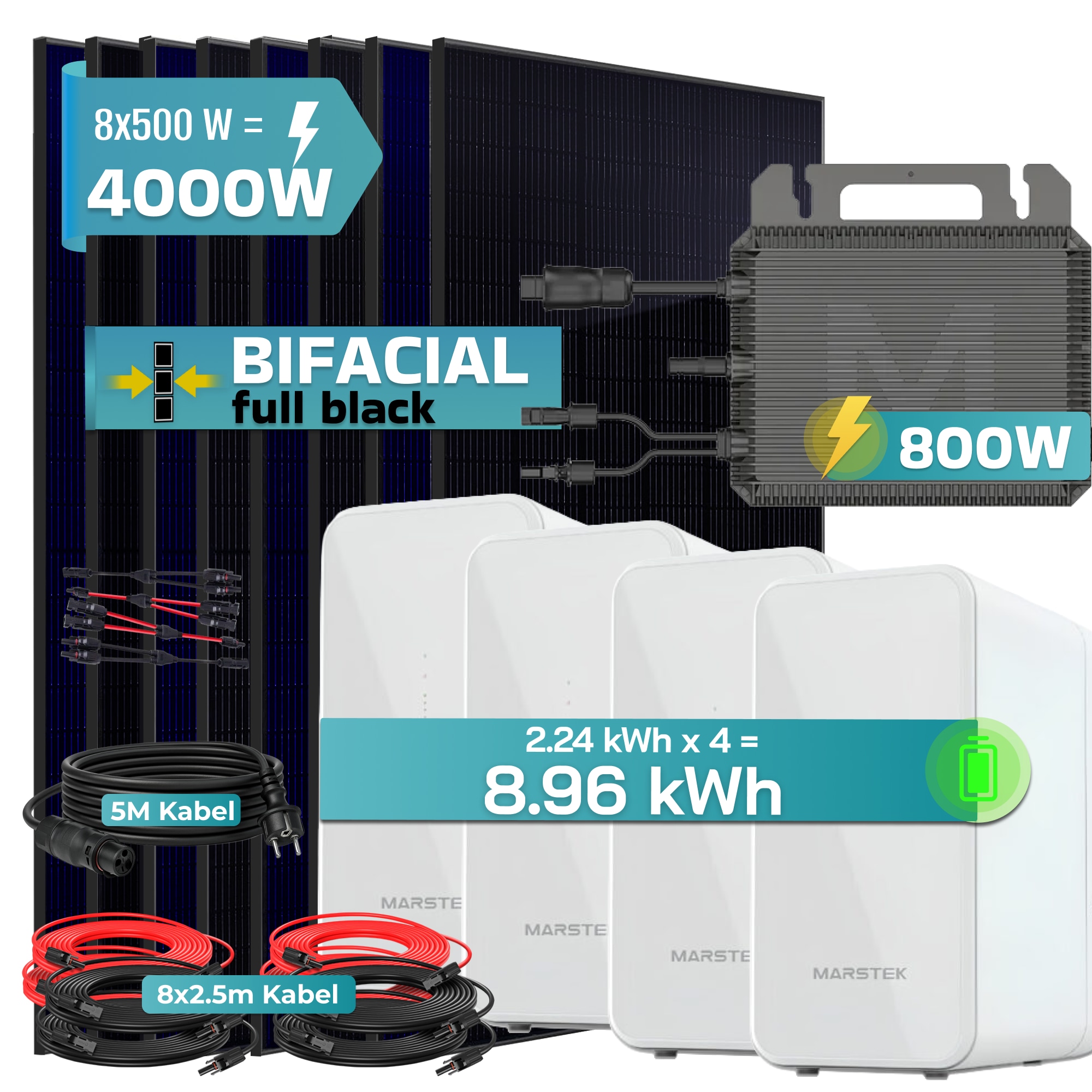 SUNNIVA&reg; 4000W Balkonkraftwerk mit 8,96 kWh Speicher MARSTEK 4x B2500-D, BIFAZIAL FULLBLACK komplett Steckdose, PV Solaranlage Komplettset mit Solarspeicher, 8x 500W N-Type Glas Bifacial Module - Bild 1